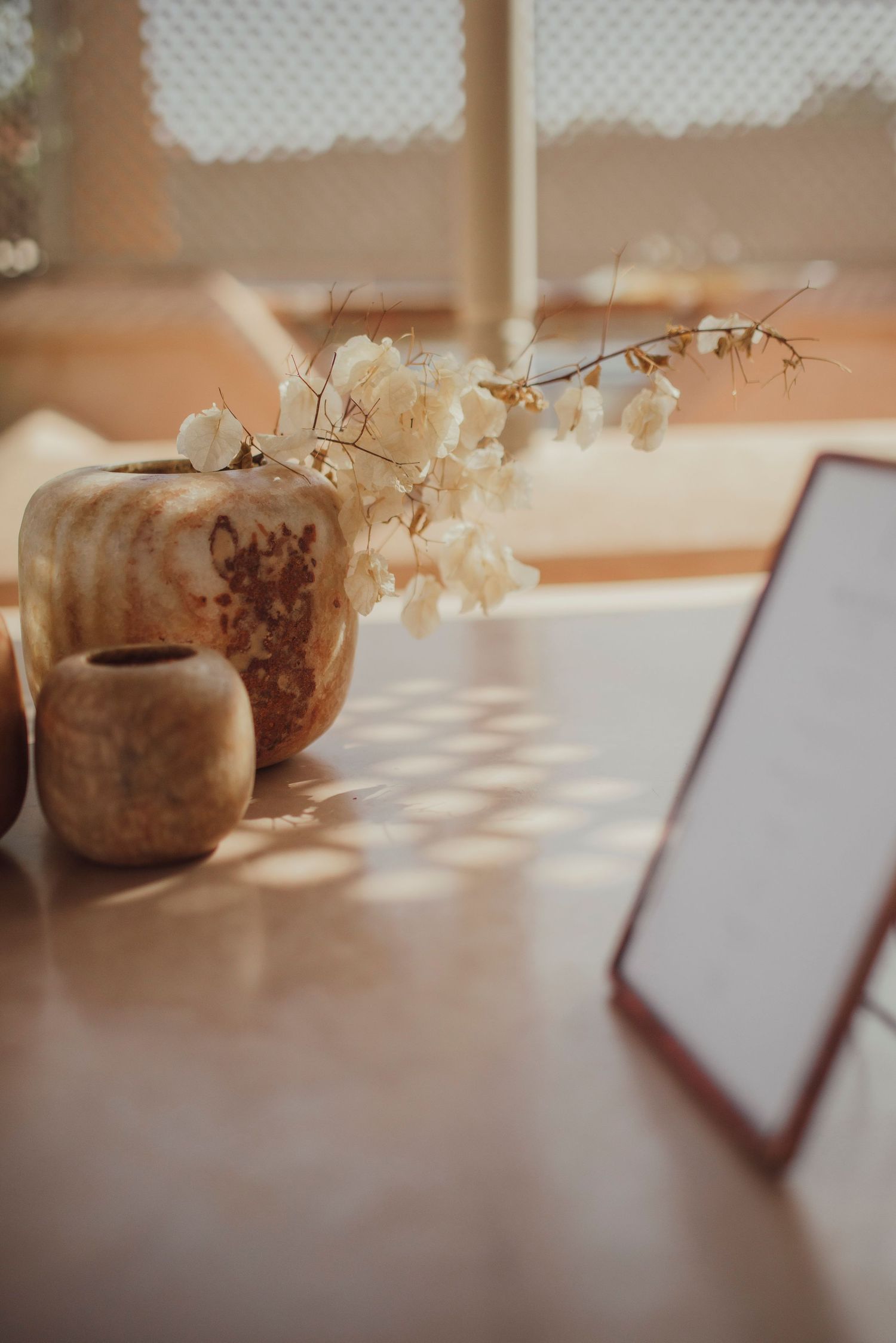 Sunlit desk scene with dried flowers and laptop in soft, warm tones.