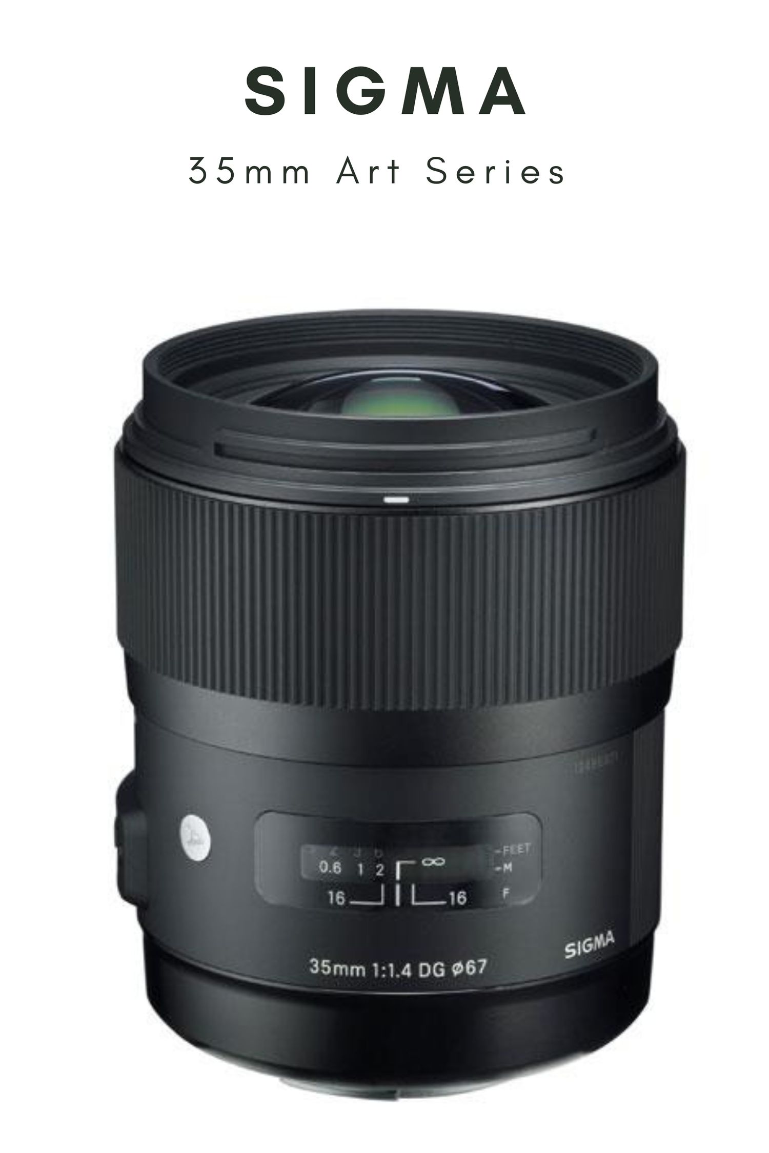 Black Sigma 35mm f/1.4 DG HSM Art Series lens with textured barrel design and focus controls displayed against white background.