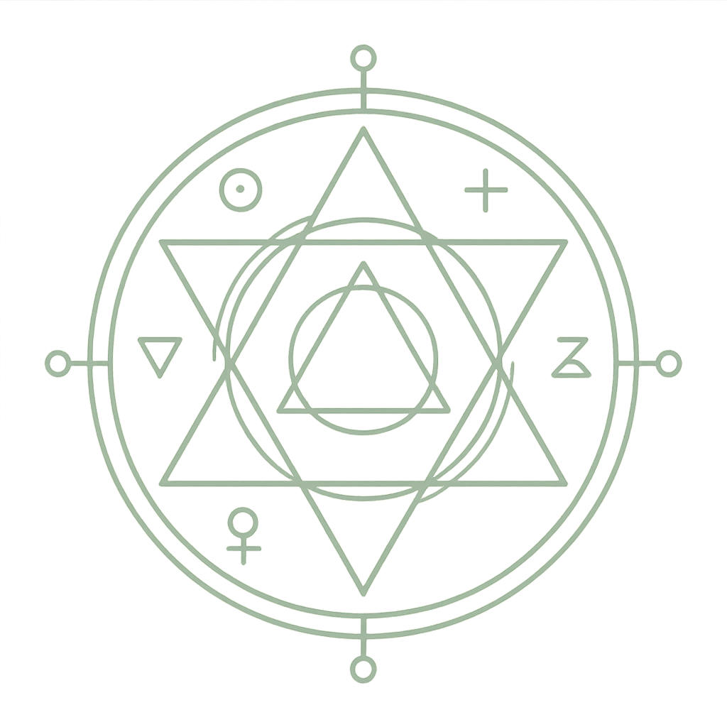 Simple geometric line art symbols with circles, triangles and crosses in a minimalist sage green design.