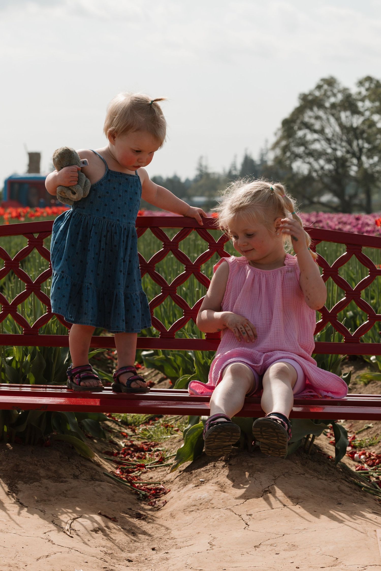 Young children sitting on a red bench in summer share a special moment together.