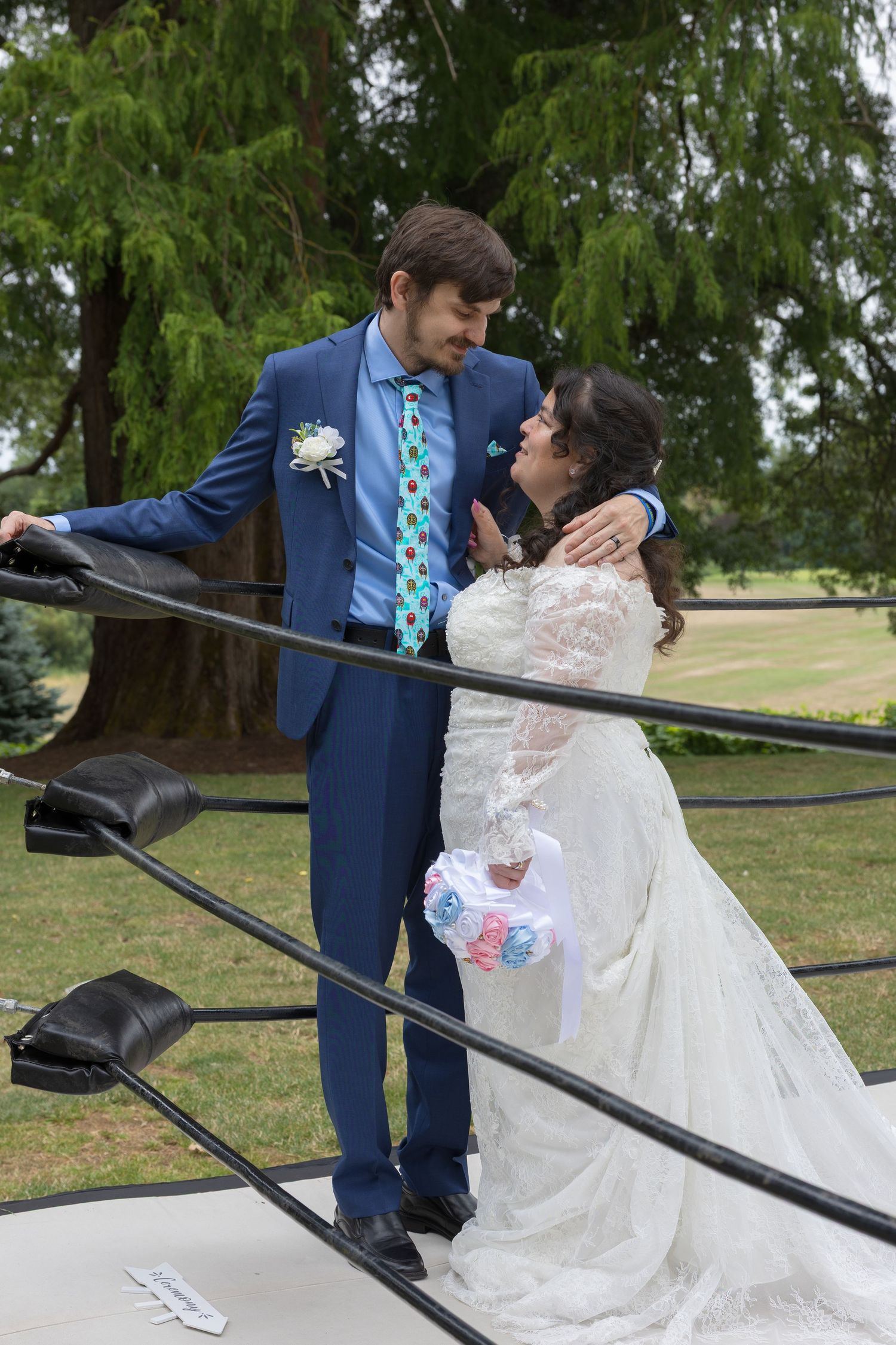 A romantic wedding photo sequence shows a couple dipping and embracing by a rustic wooden fence in an outdoor setting.