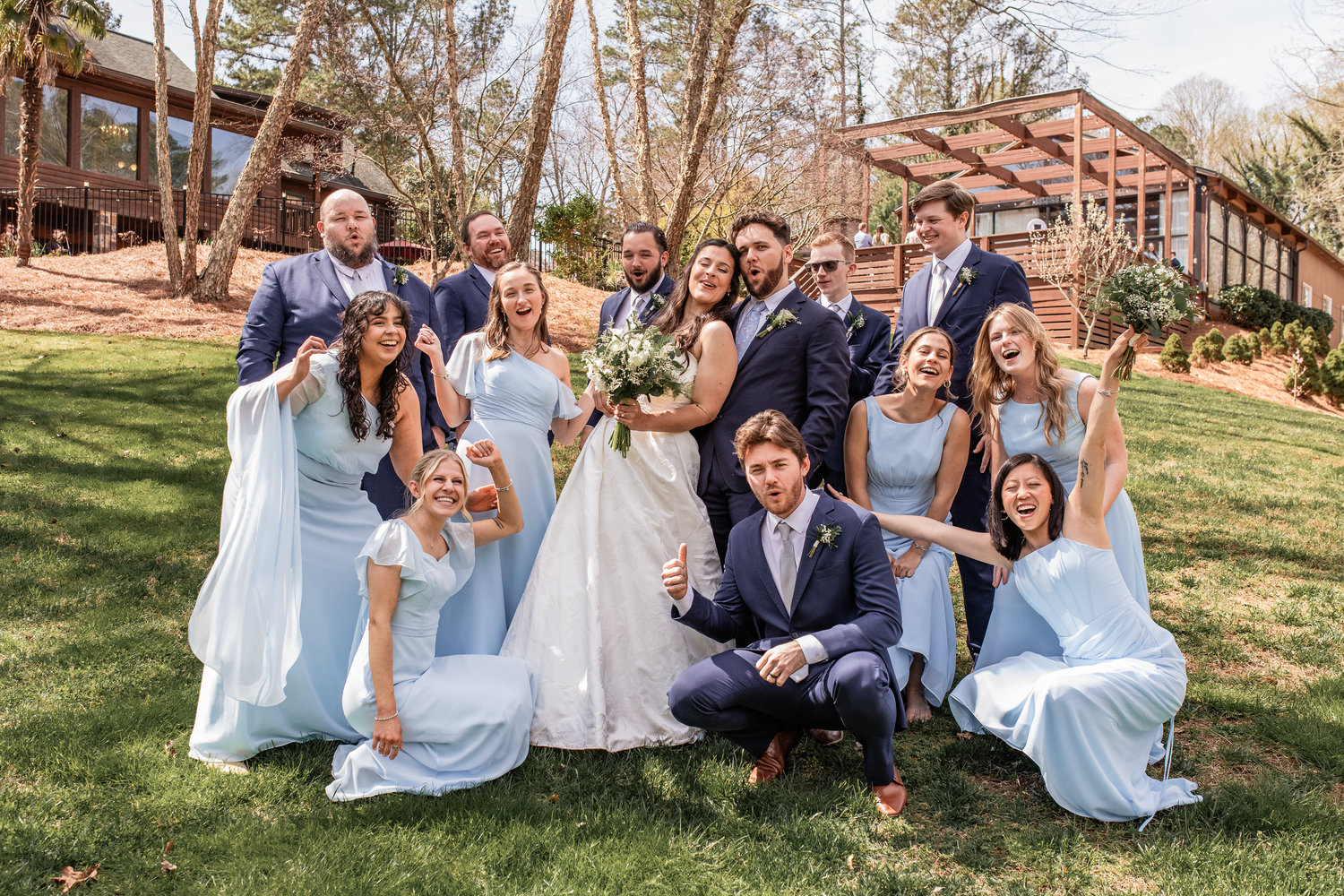 Wedding party photo, at woodsy wedding venue located in Atlanta, local wedding photographer