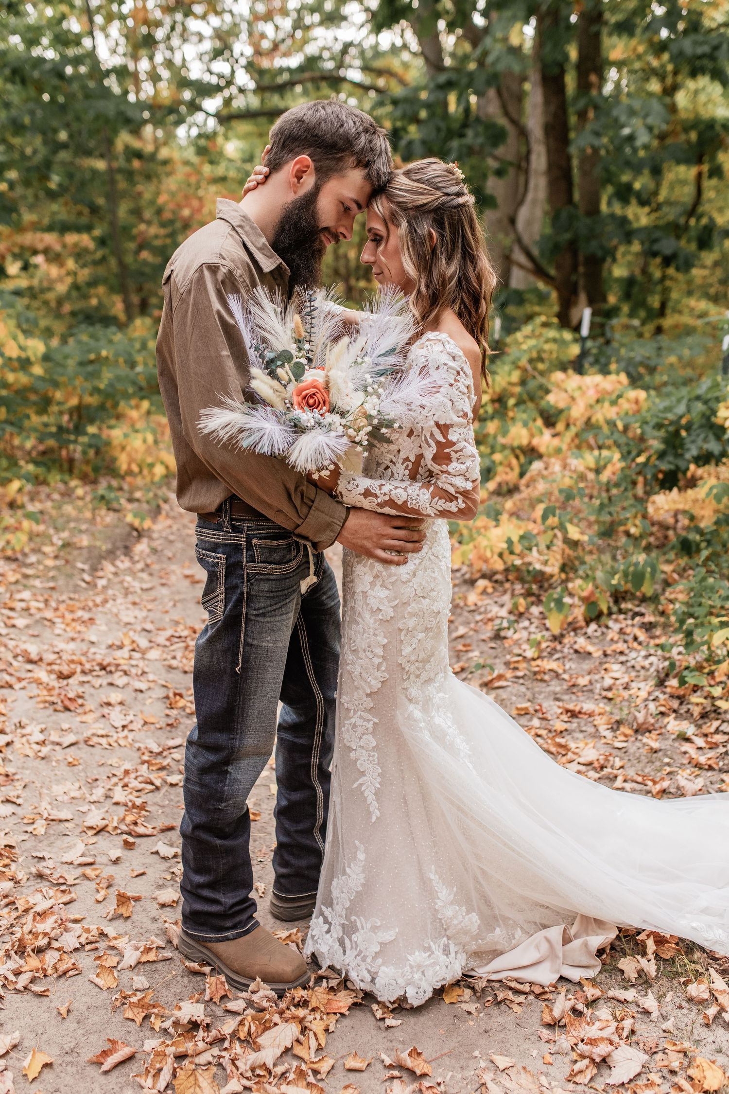 A romantic wedding photo sequence showing a couple in autumn leaves with the bride in a lace dress and groom in casual attire.