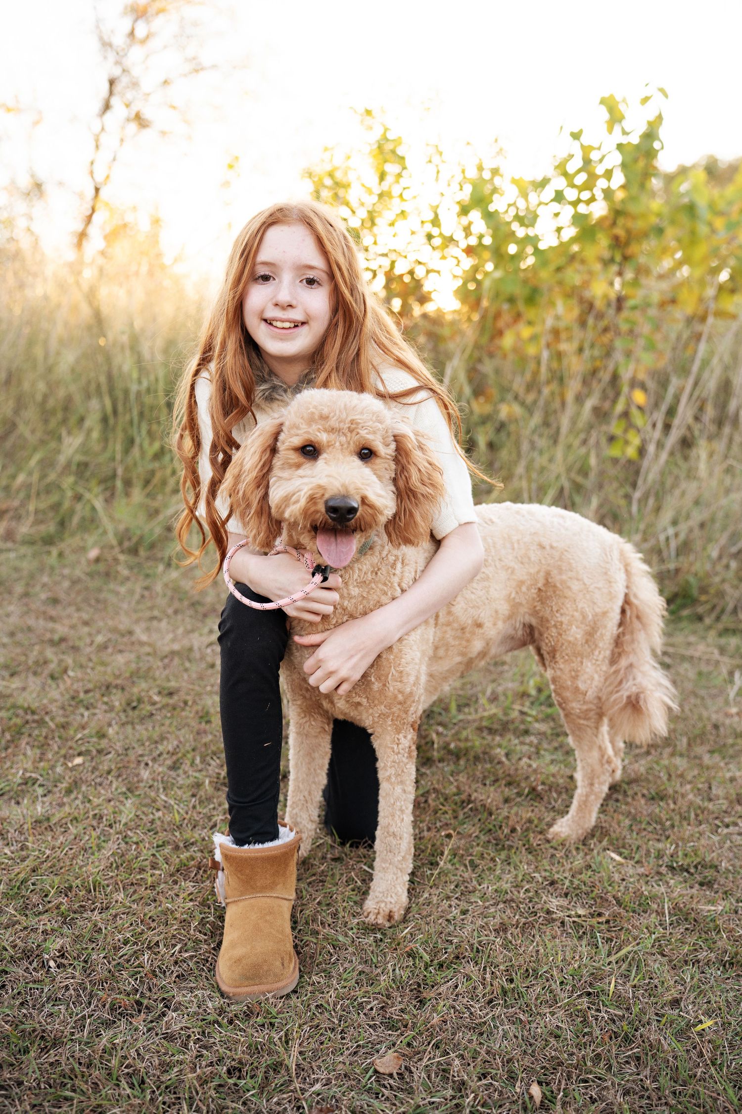 A smiling redhead girl hugs her fluffy golden doodle dog outdoors in a sunlit field during autumn.