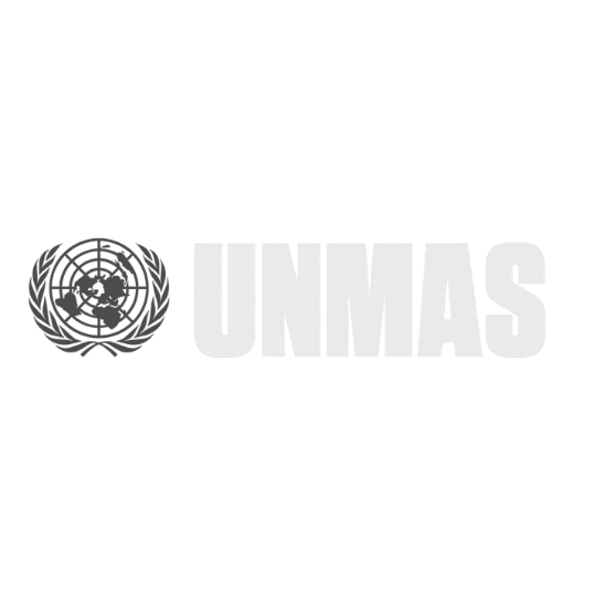 United Nations Mine Action Service (UNMAS) logo featuring the UN emblem with wreath and UNMAS text in gray.
