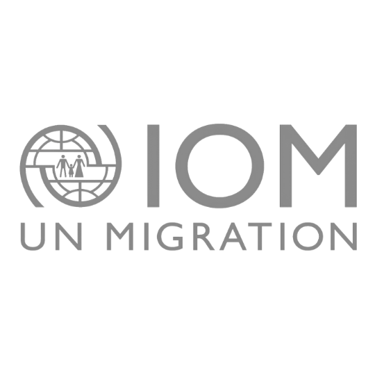 IOM UN Migration logo in gray, featuring a globe with human figures and bold letters on white background.