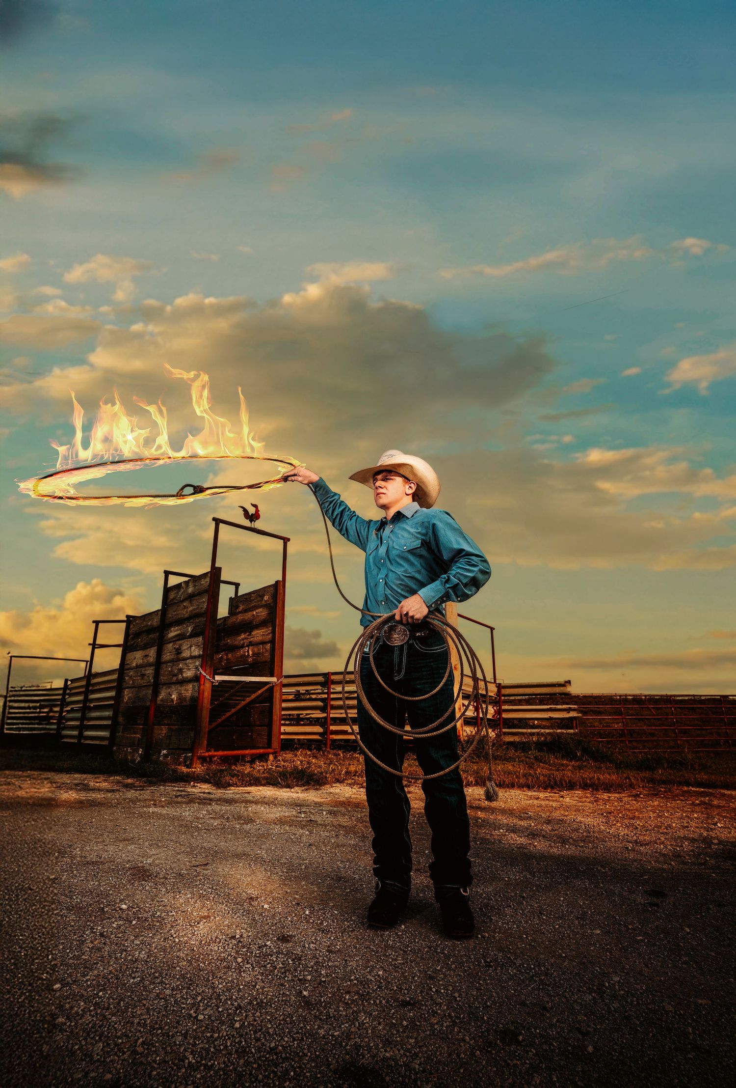 Cowboy spinning a flaming lasso at sunset on a ranch with dramatic cloudy sky.