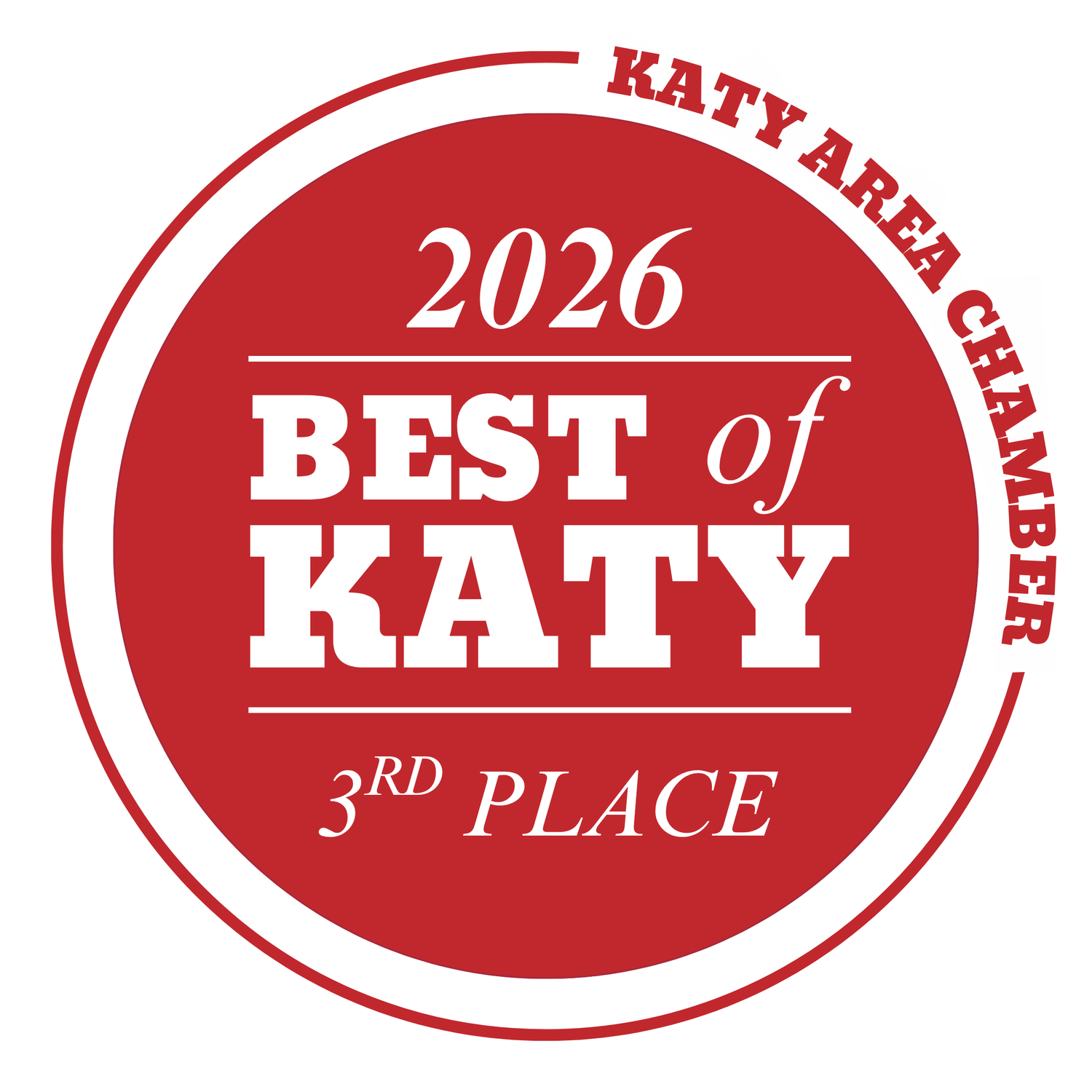 Red circular badge for Katy Area Chamber 2026 Best of Katy 3rd Place award.