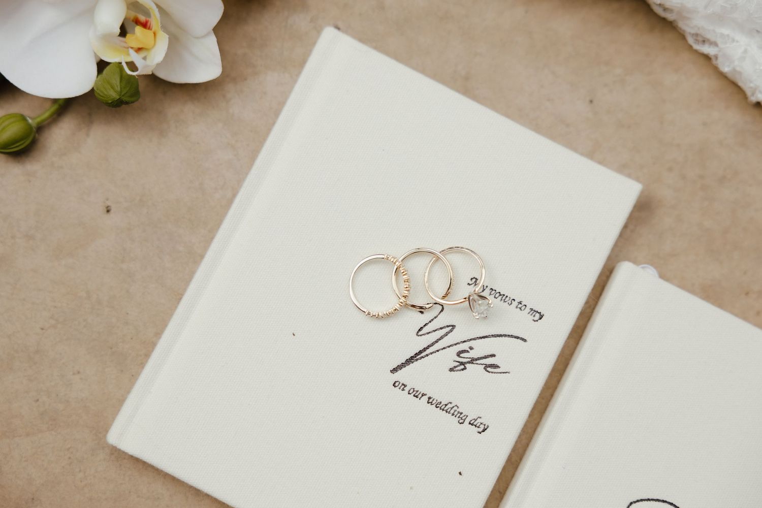 Two gold wedding rings resting on white vow book with wife inscription.