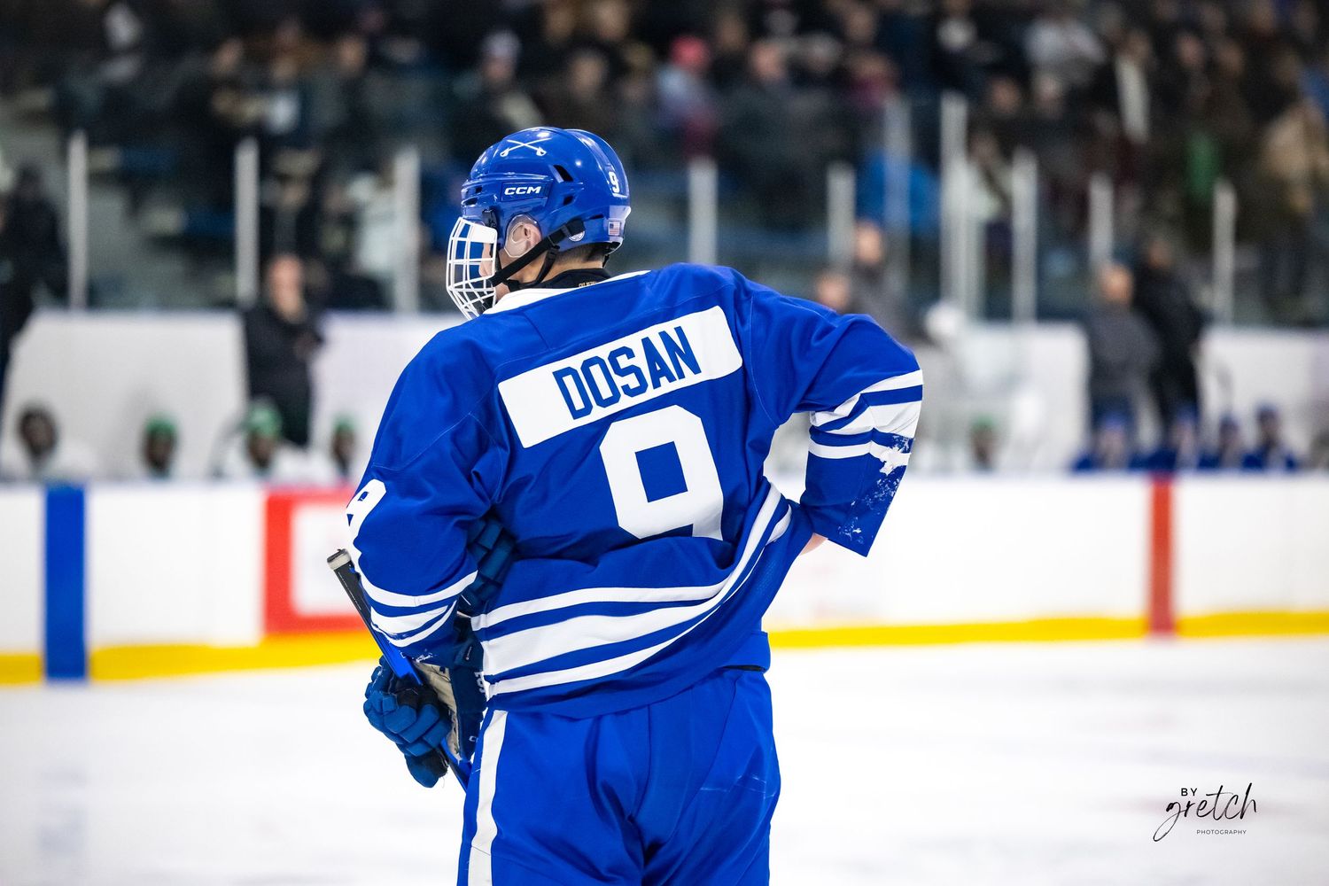Hockey player wearing blue Dosan number 9 jersey standing on ice rink.