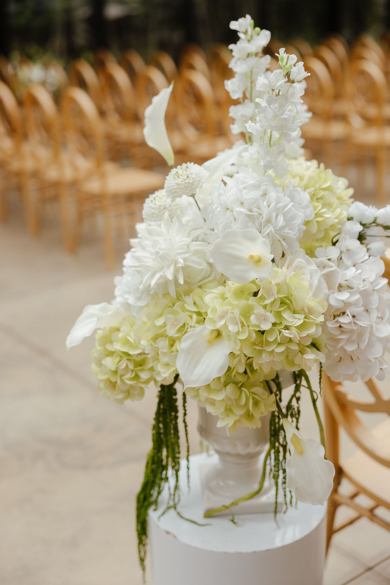 Lush white wedding ceremony aisle arrangement featuring hydrangeas, dahlias, and greenery in an urn vase.