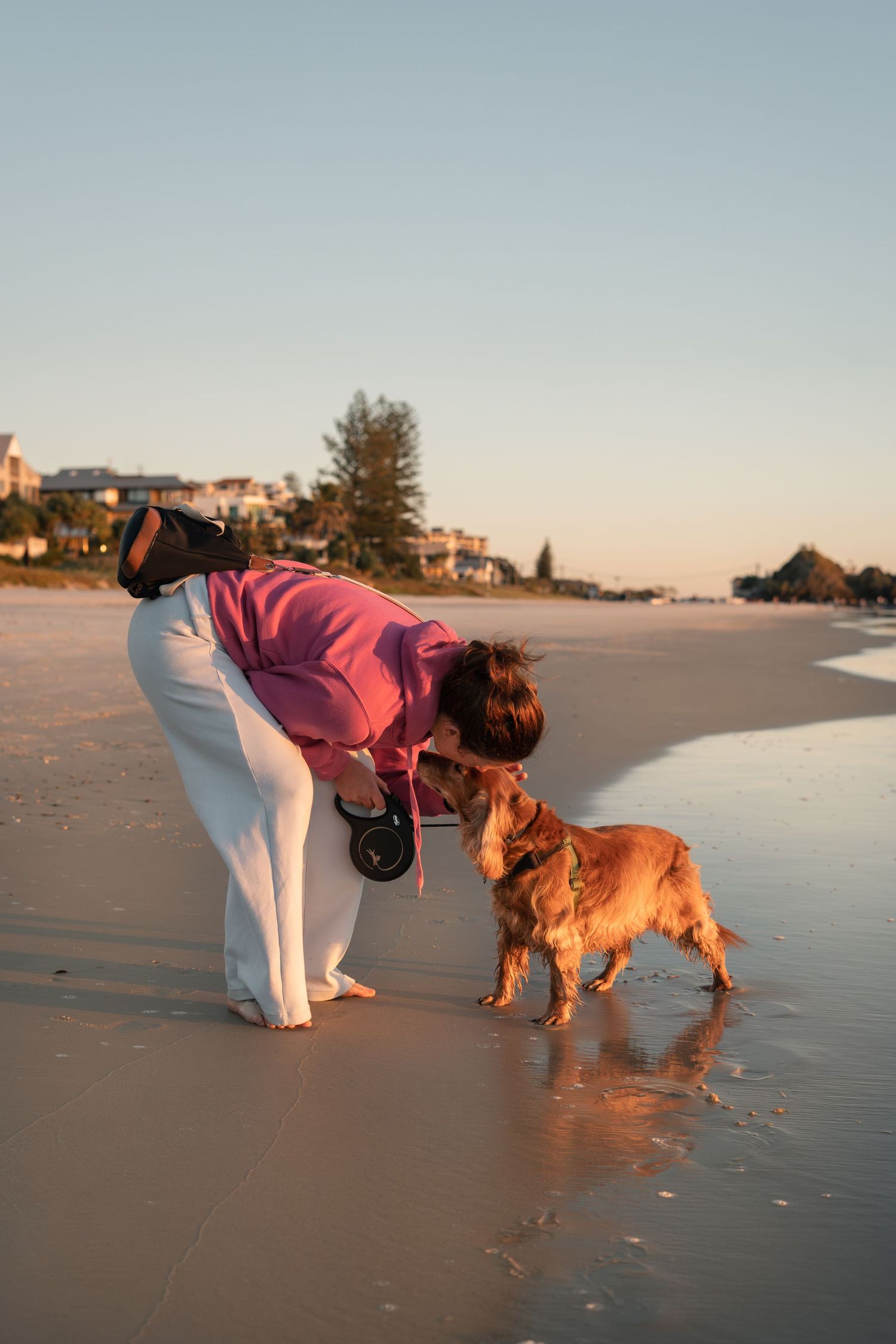 Woman walking her dog on the beach during a sunrise at a natural pet photography session on the Gold Coast