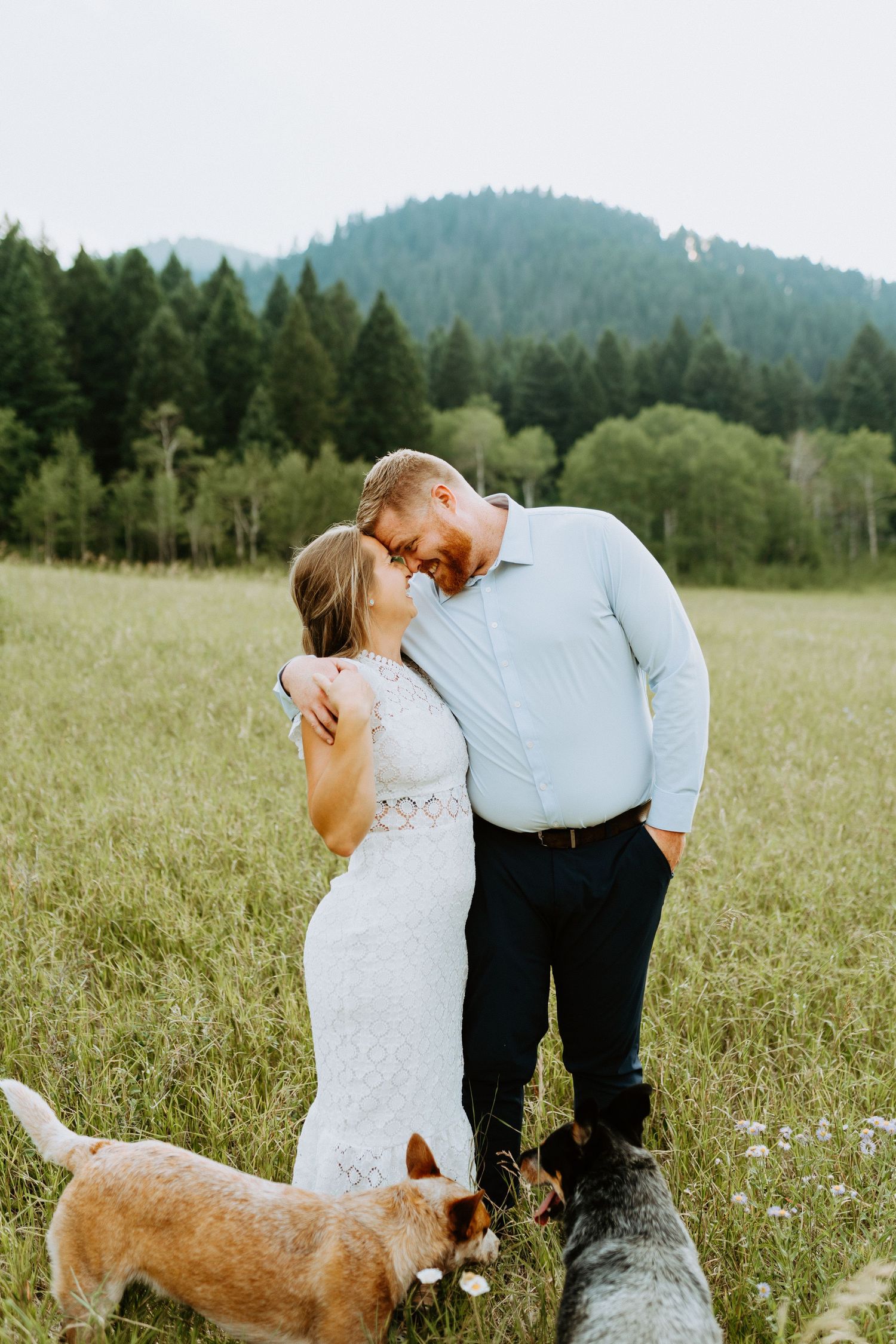 A couple shares an intimate moment in a mountain meadow while their dog watches nearby.
