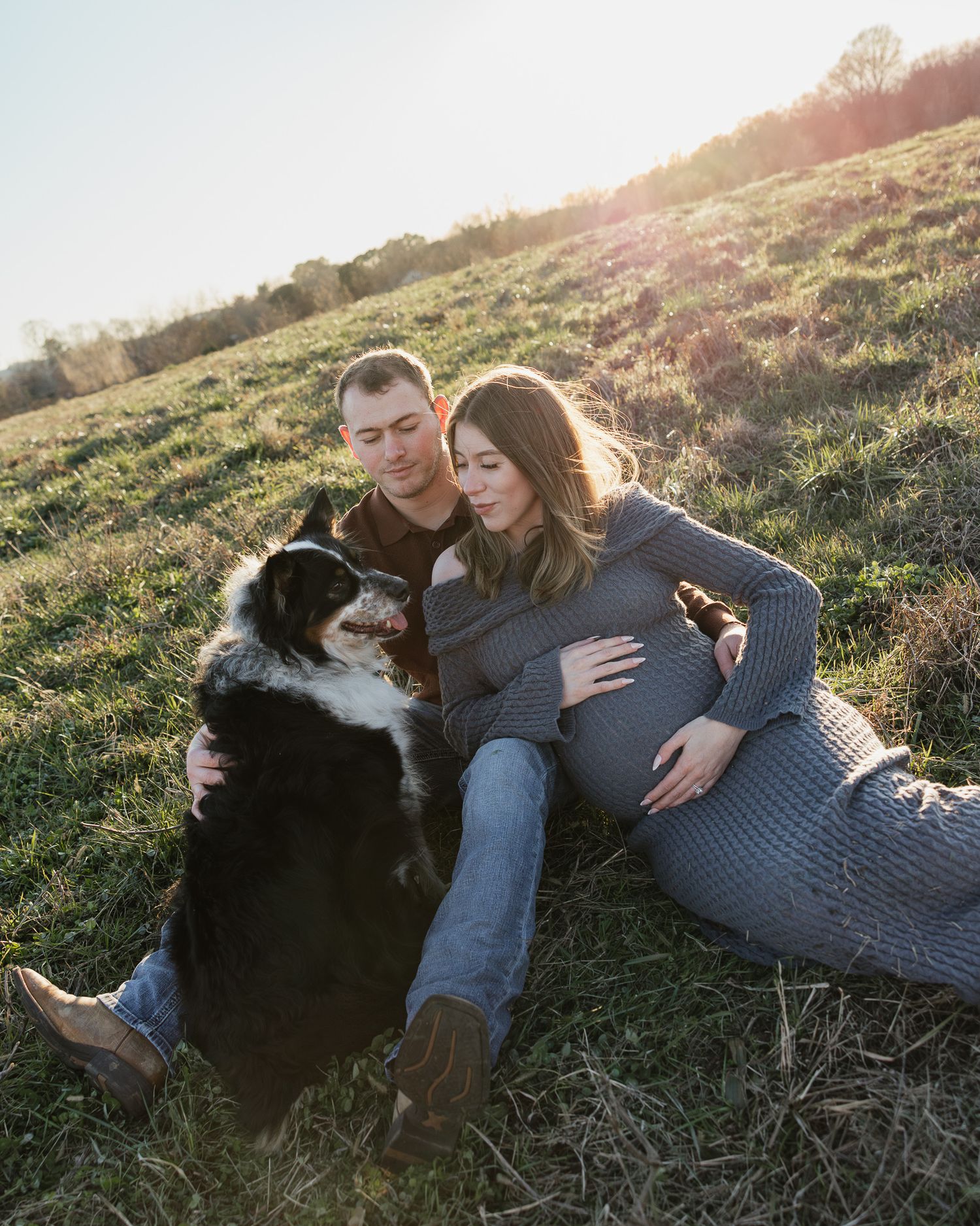 Maternity photoshoot in grassy field at sunset with black dog joining the tender moment.