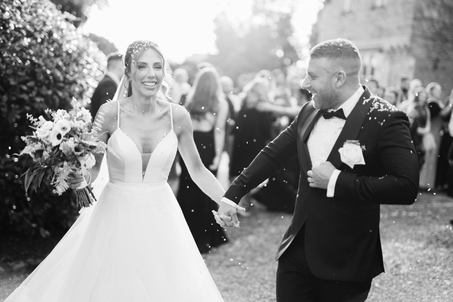 Confetti shot photographed in natural documentary style at Mitton Hall  by Manchester wedding photographer.