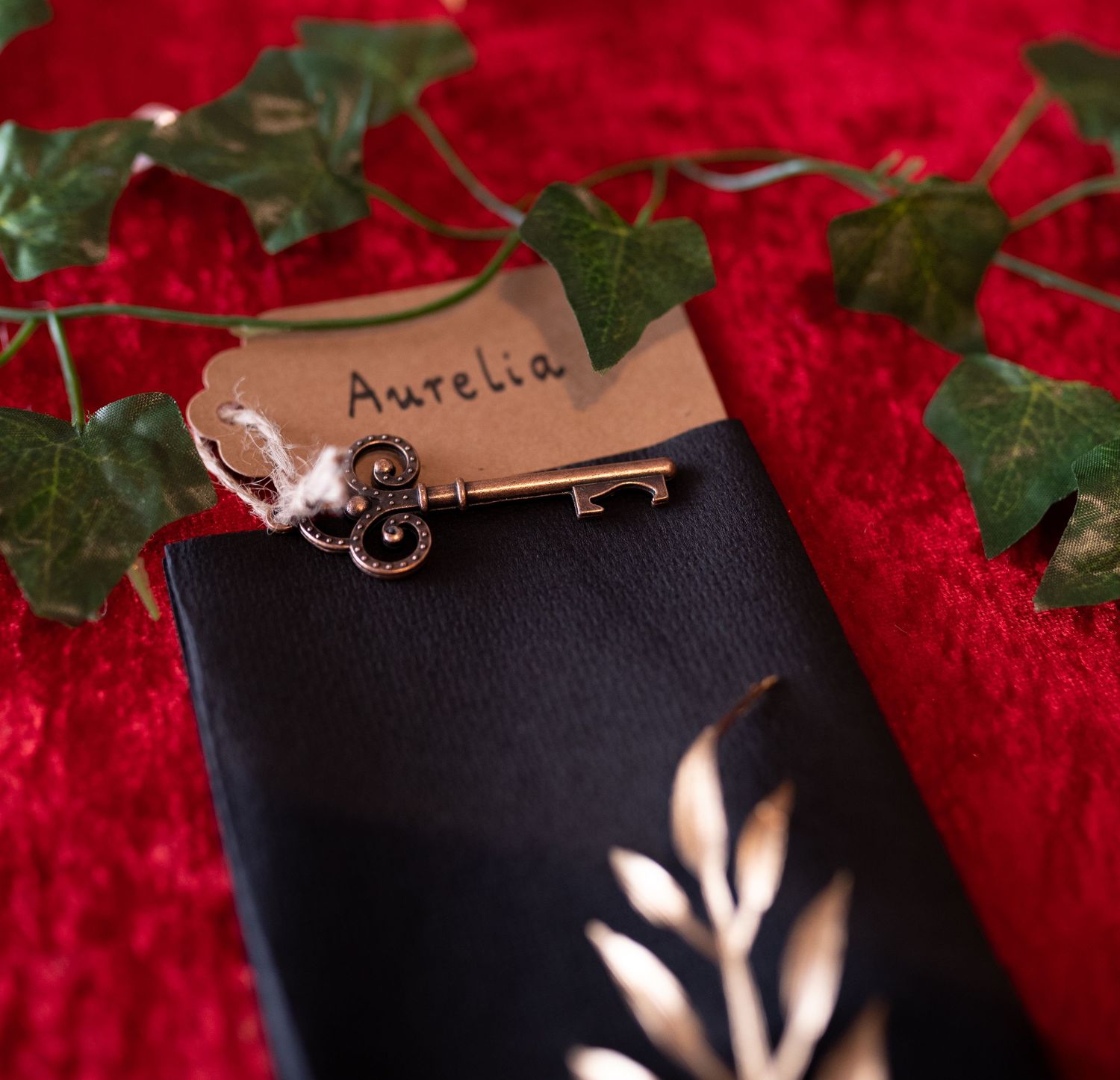 Vintage brass skeleton key with name tag reading Aurelia on a black notebook, surrounded by ivy on red velvet.