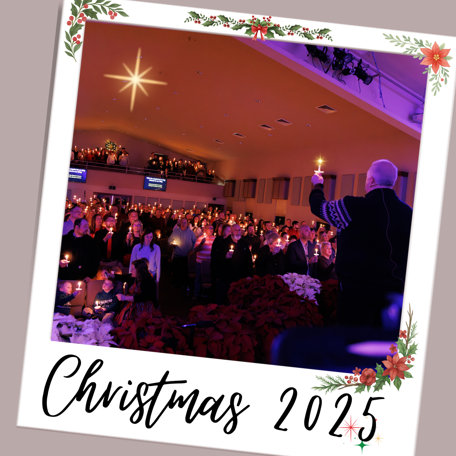 Event venue photos showing decorated spaces with Christmas themes and purple lighting effects.