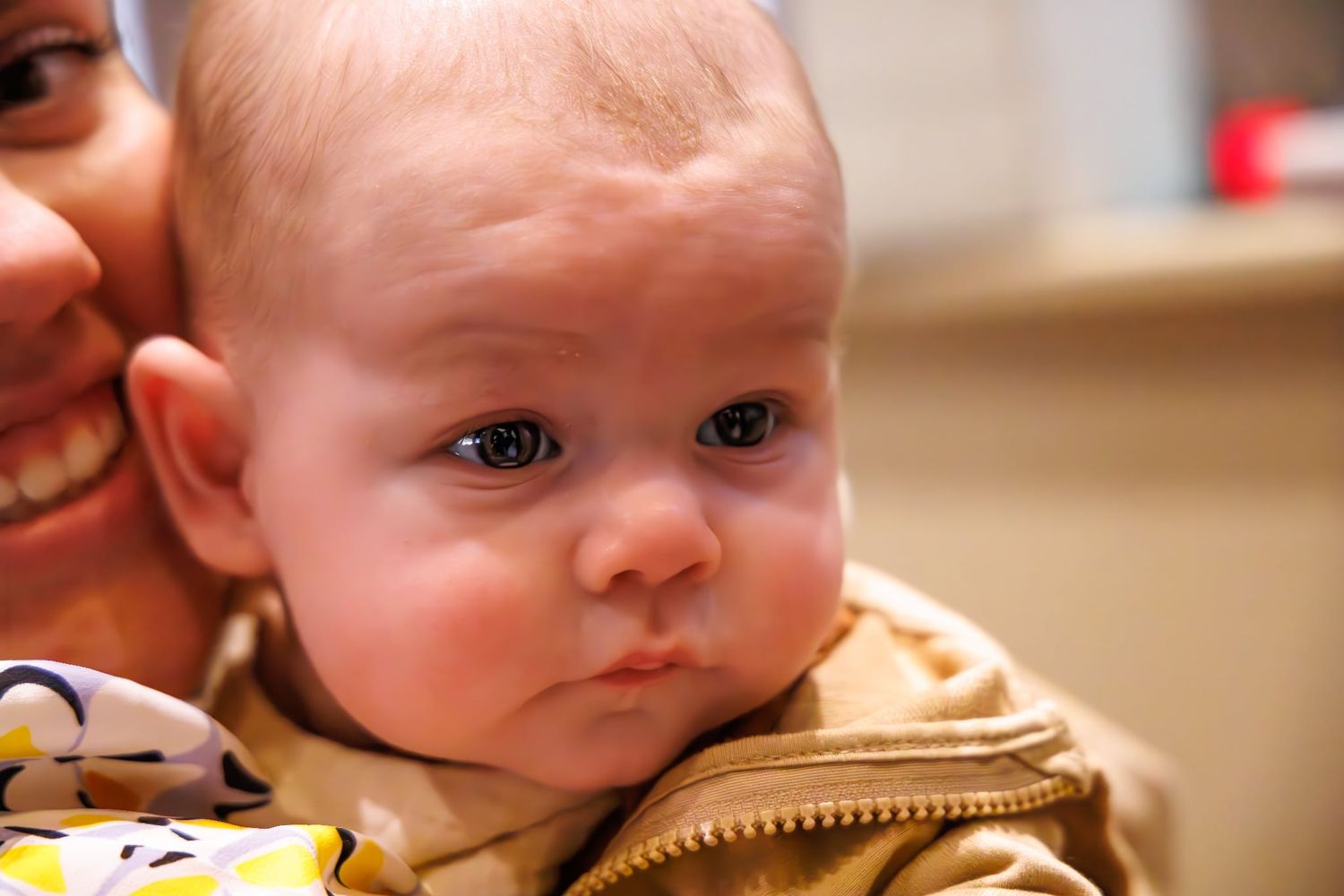 Close up portrait of an infant wearing a brown jacket.