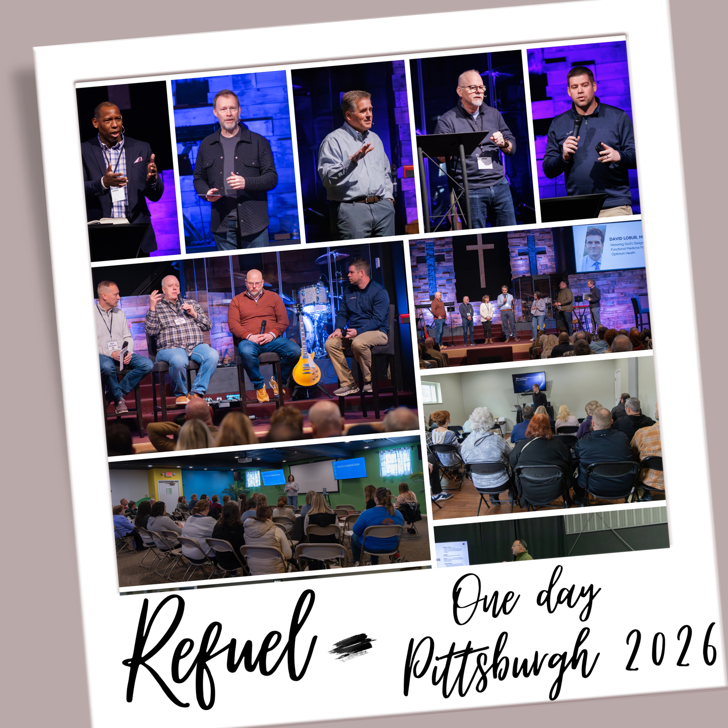 Collage of musical performance photos showing stage setups and performers in various venues with text overlays.