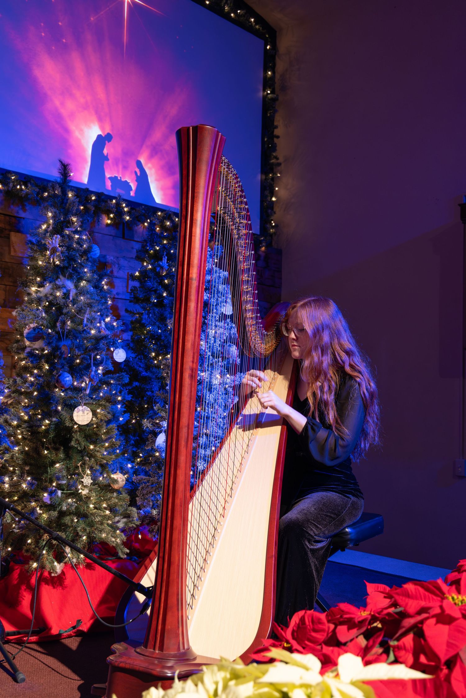 A decorated Christmas scene featuring a harp player amid twinkling lights and festive decor.