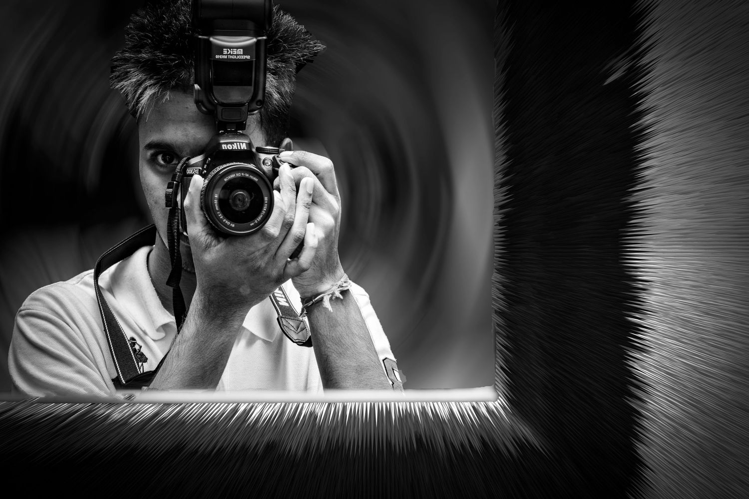 Black and white photo sequence showing a person taking pictures with a DSLR camera in different angles.