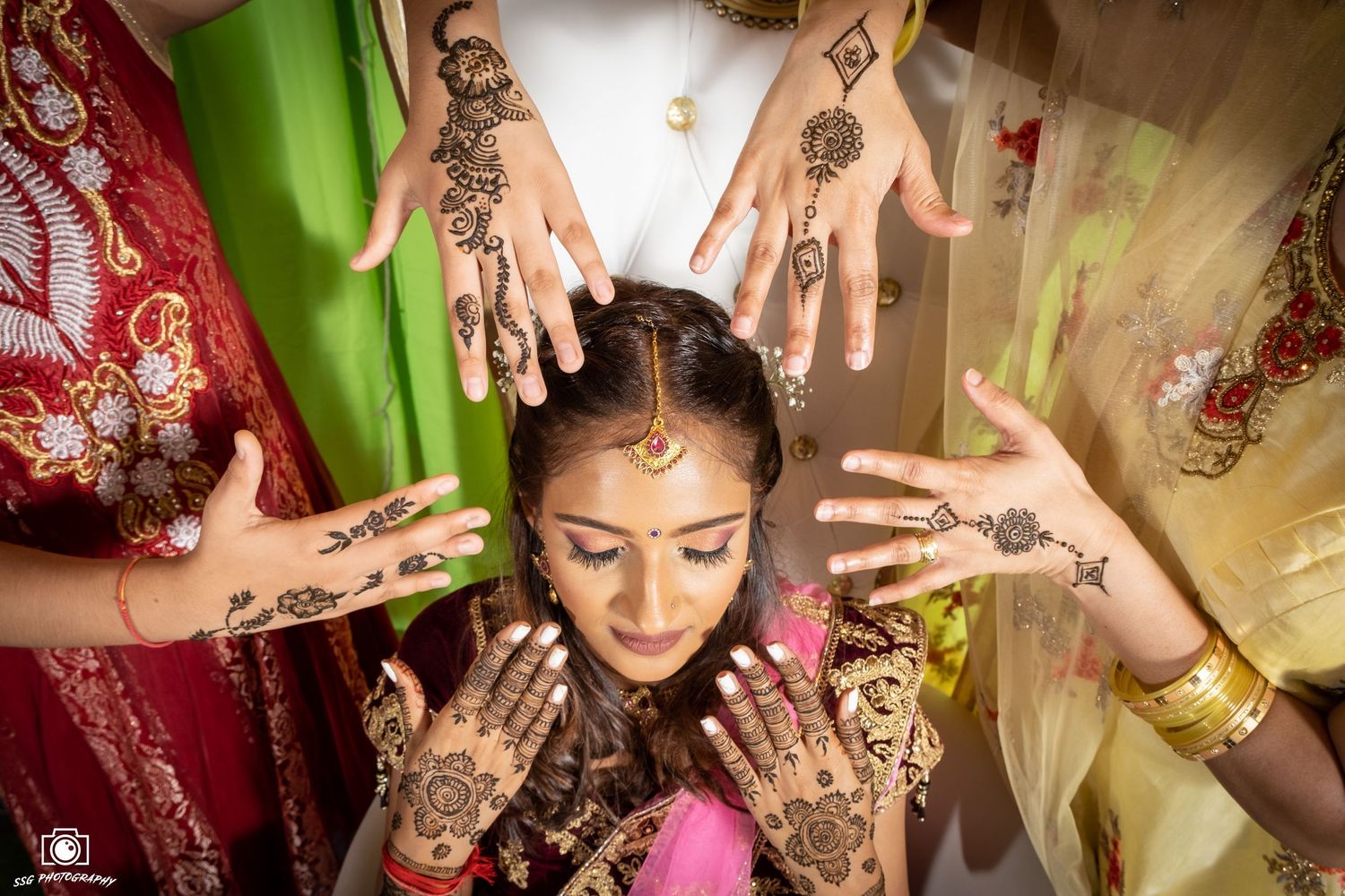 Wedding preparation moments captured with traditional Indian bridal accessories and decorations.