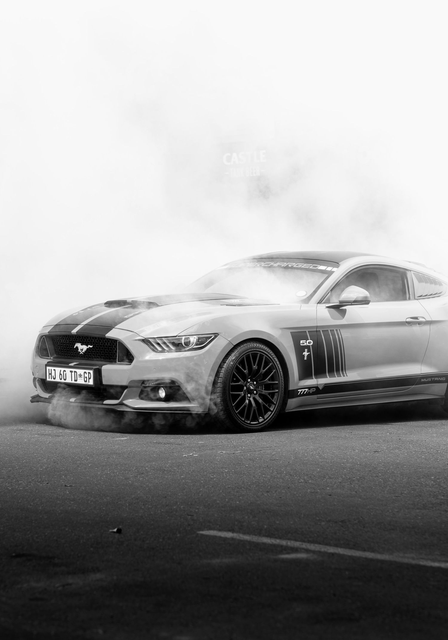 Line of sleek sports cars including Ford Mustang models in monochrome.
