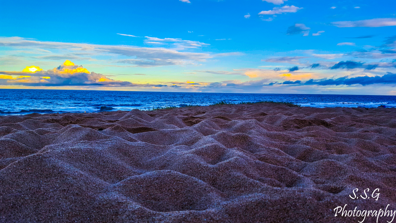 A panoramic series of coastal sunset photos showing dramatic skies over dark sandy beaches and ocean waves.
