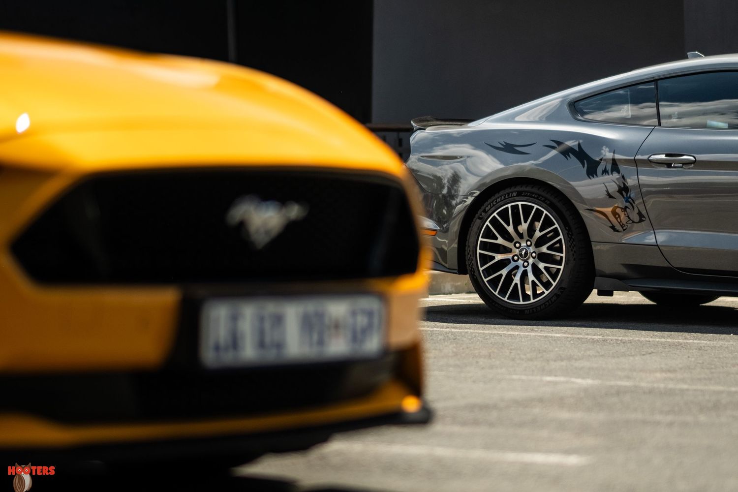 Yellow and gray Ford Mustangs parked side by side showing distinctive profiles.