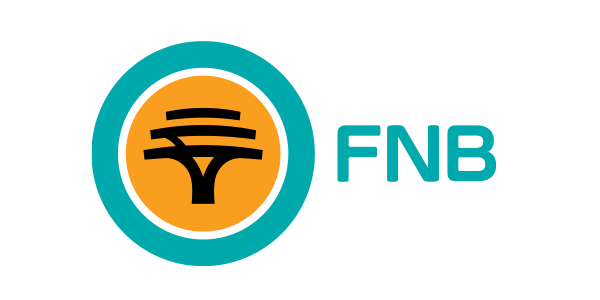 FNB bank logo featuring circular orange and teal tree symbol with company name.
