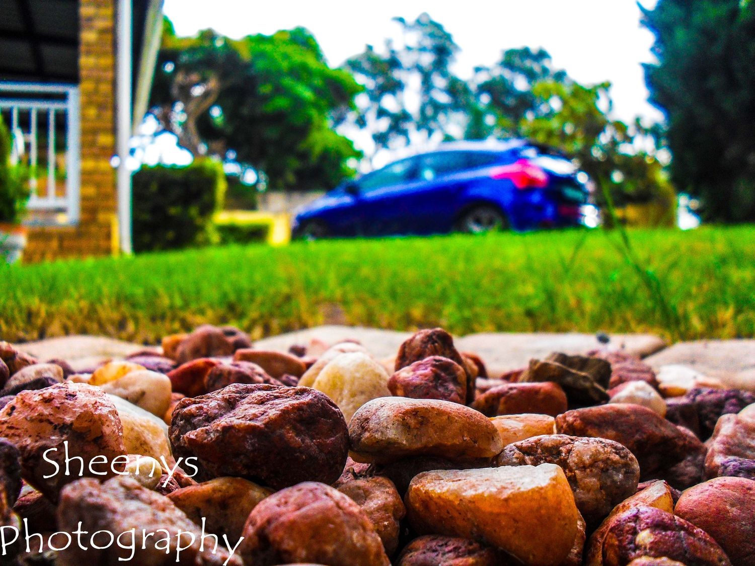A blue car in the background with decorative red rocks in the foreground creating depth of field photography.