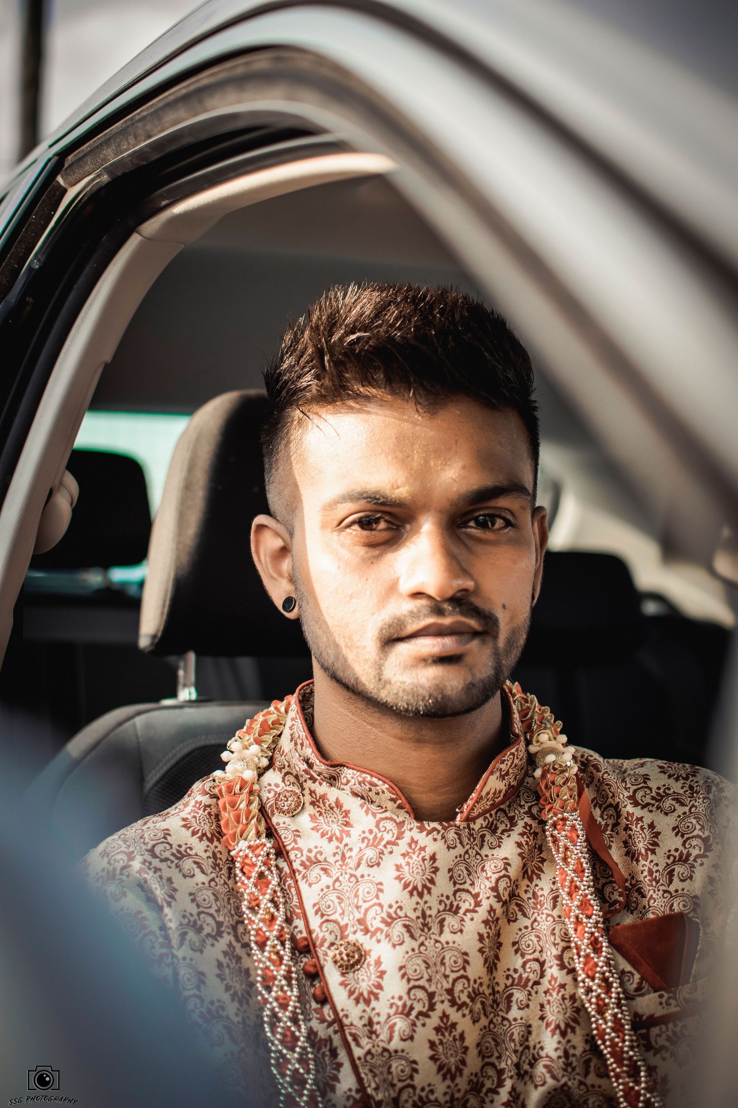 Close-up portrait series through car window showing traditional formal attire.