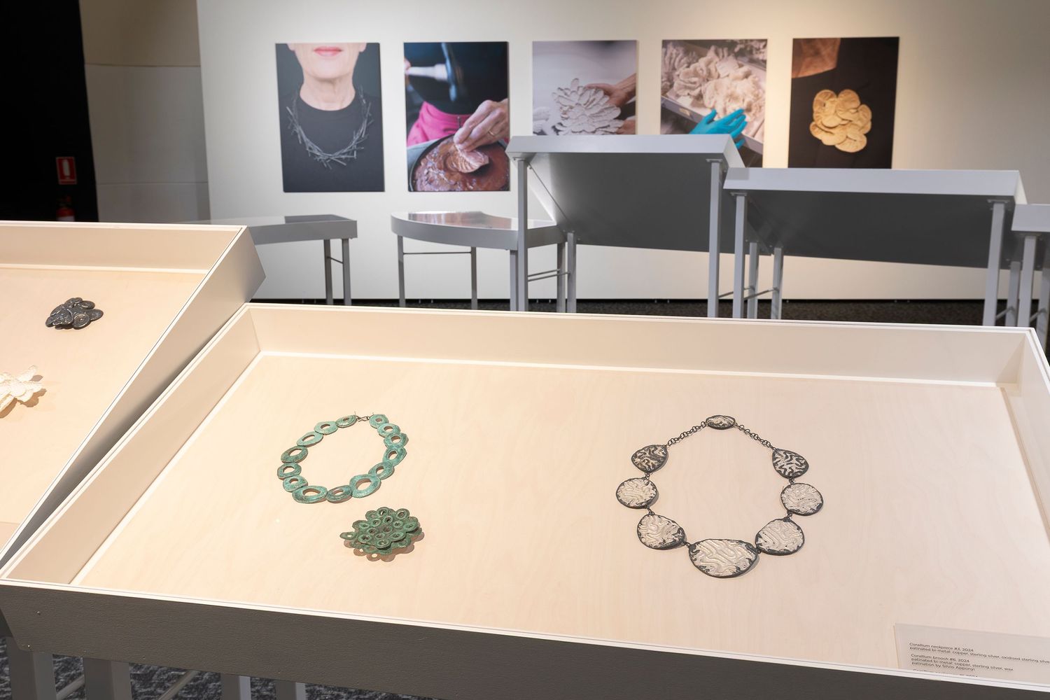 Art exhibition featuring jewelry displays and wall-mounted photographs in a modern gallery setting.
