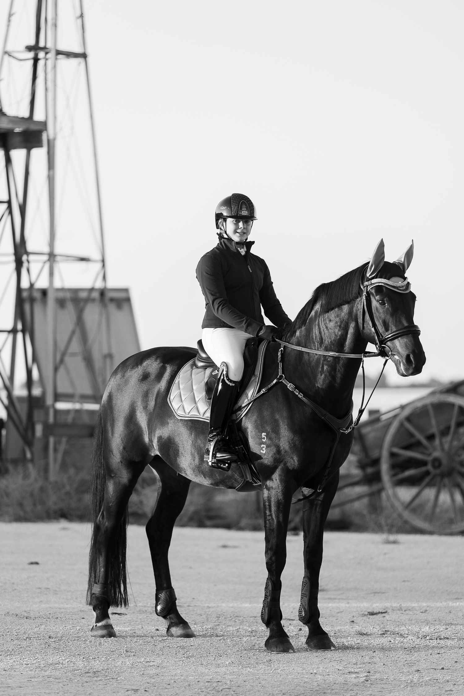 Black and white photos of horse and rider in industrial setting with equipment silhouettes.