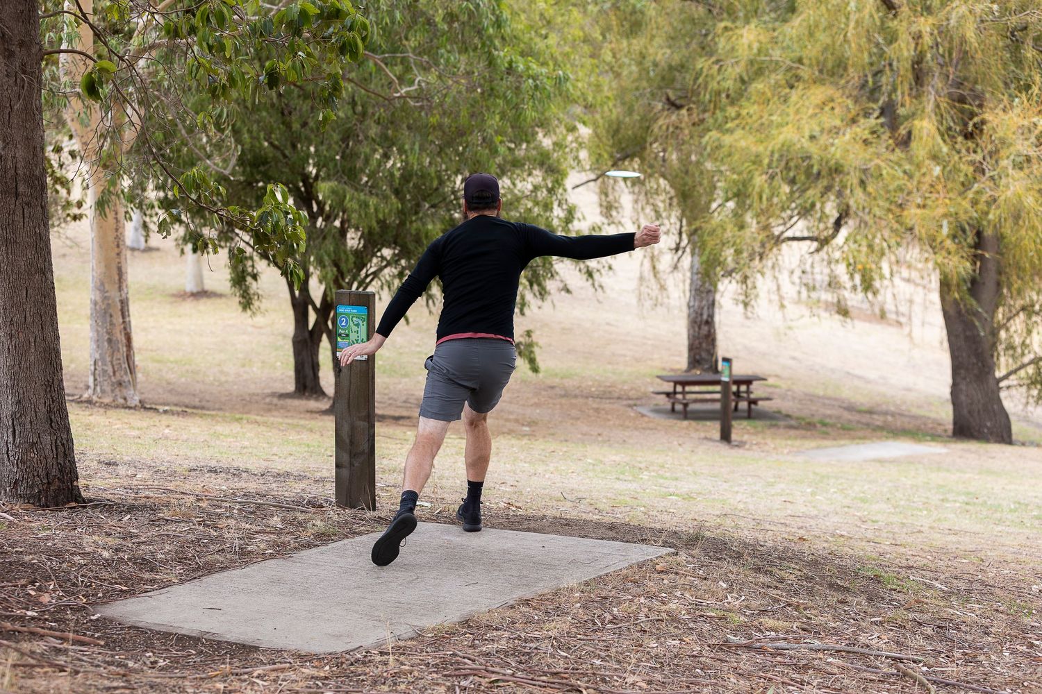 Outdoor fitness area with exercise stations set up along a tree-lined path.
