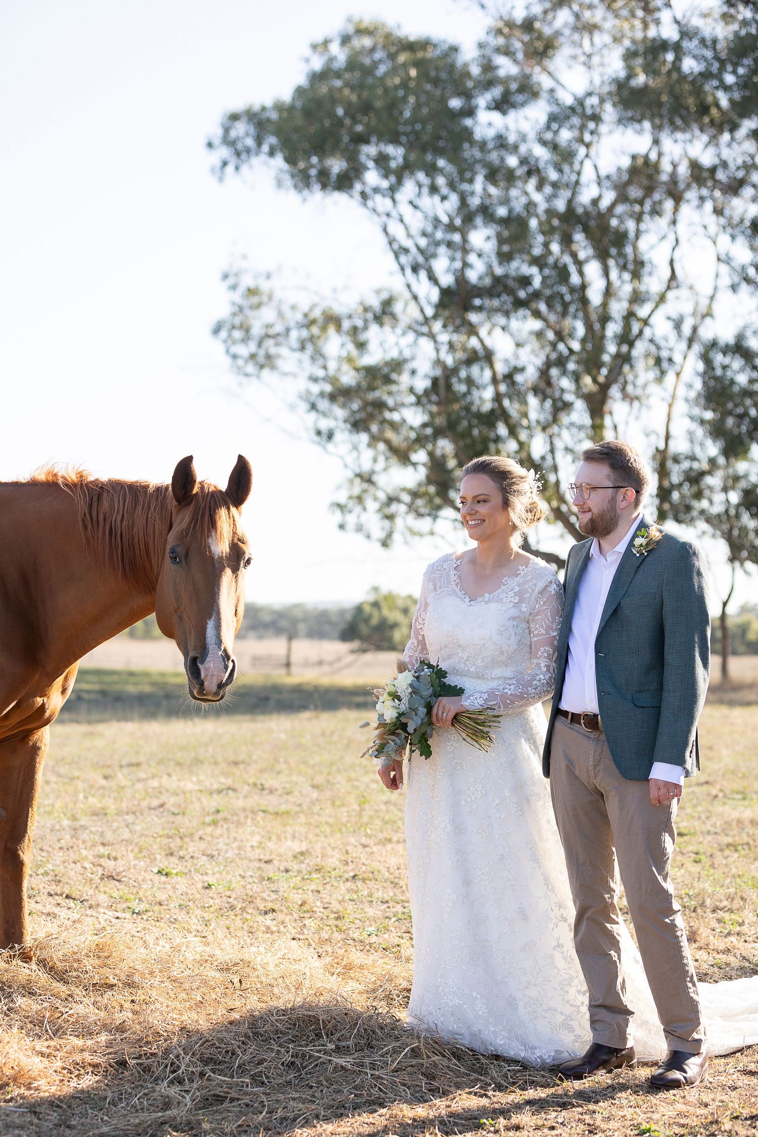 Newlyweds pose with brown horse in rustic outdoor setting during golden hour.