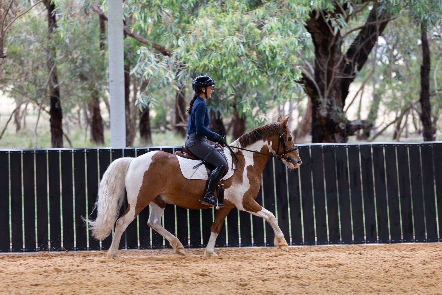 Equestrians practicing dressage movements in a covered riding arena with trees visible outside.