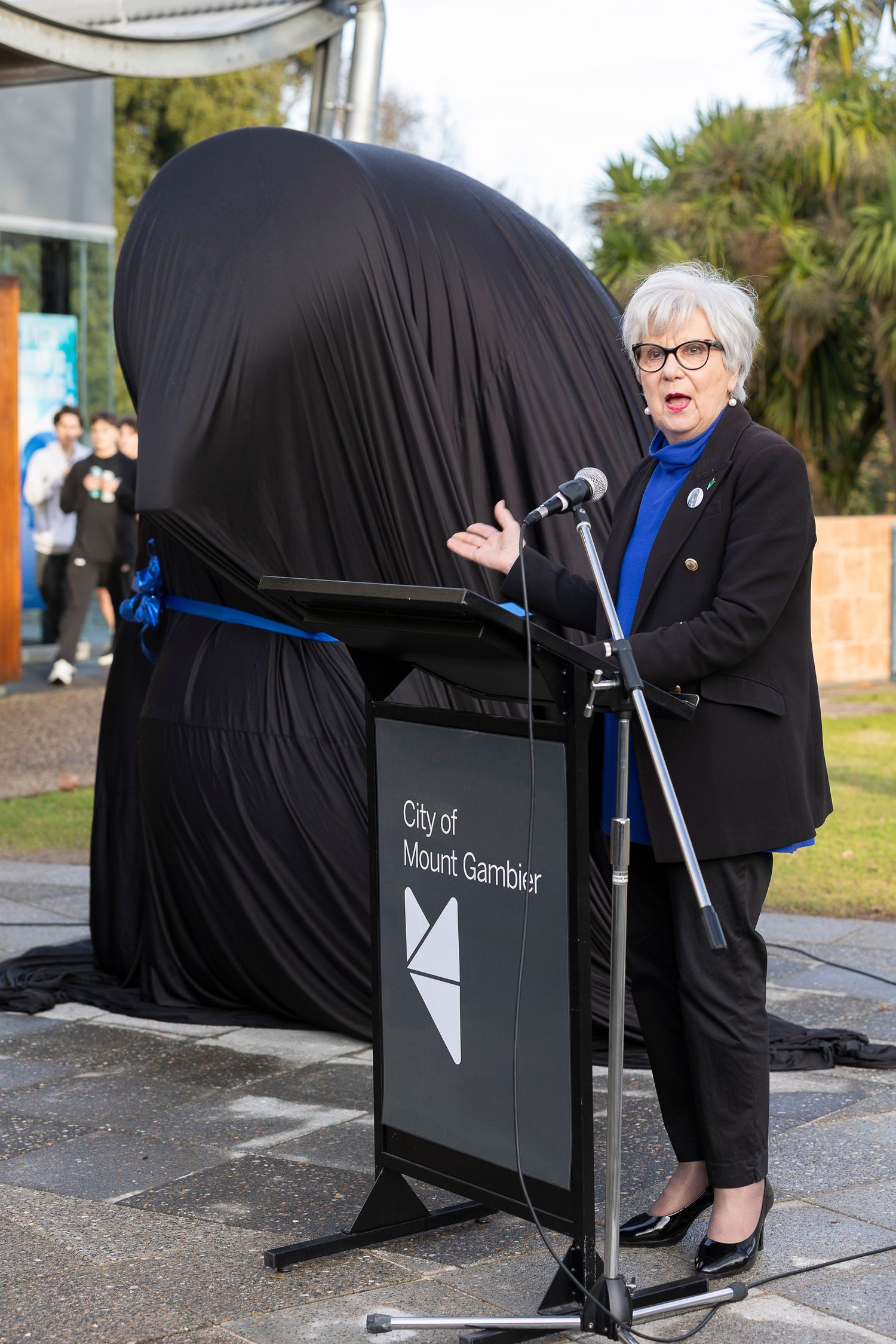 Installation artwork covered in black fabric with City of Mount Gambier signage.