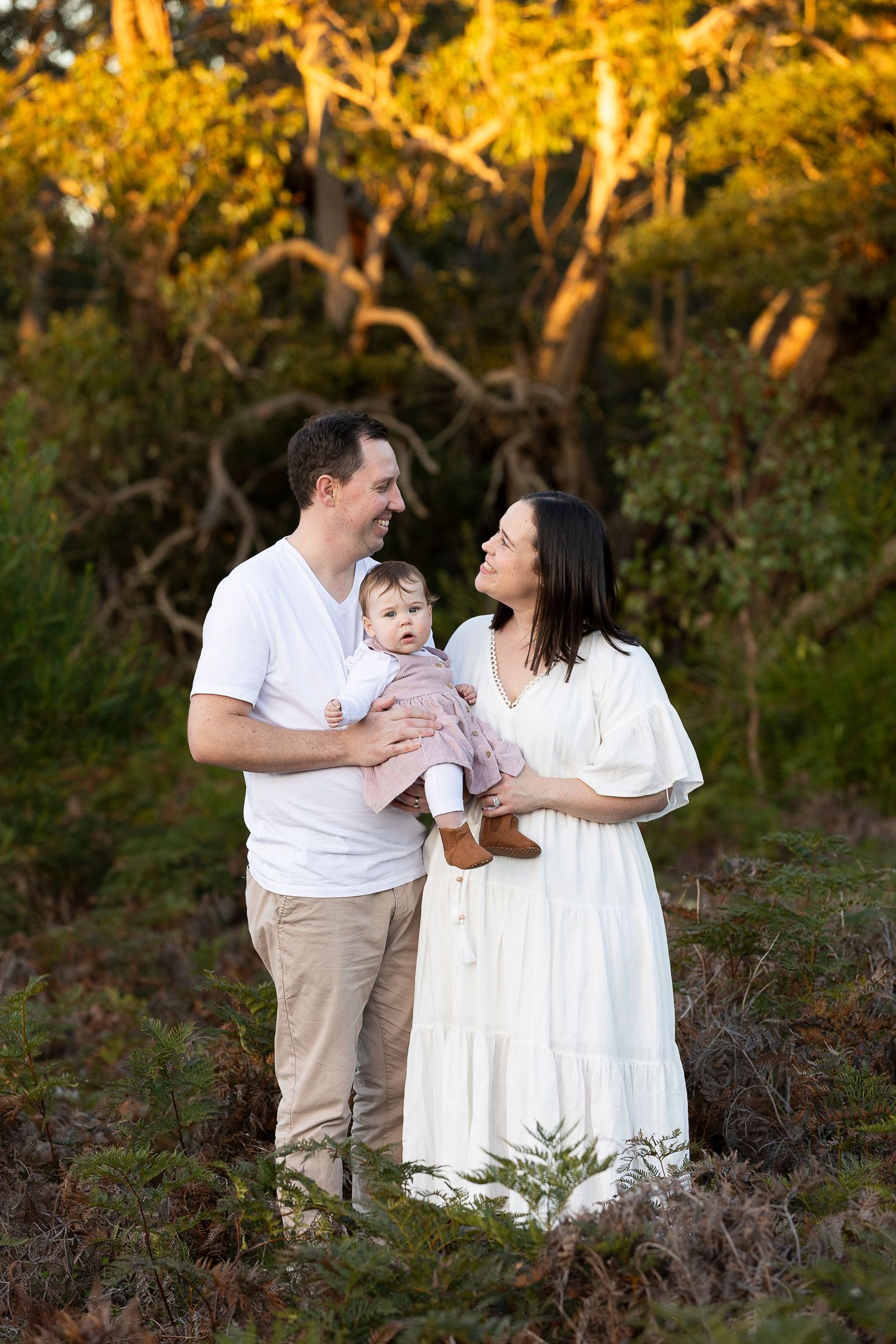 Family portrait in a golden sunset setting with trees and natural scenery.