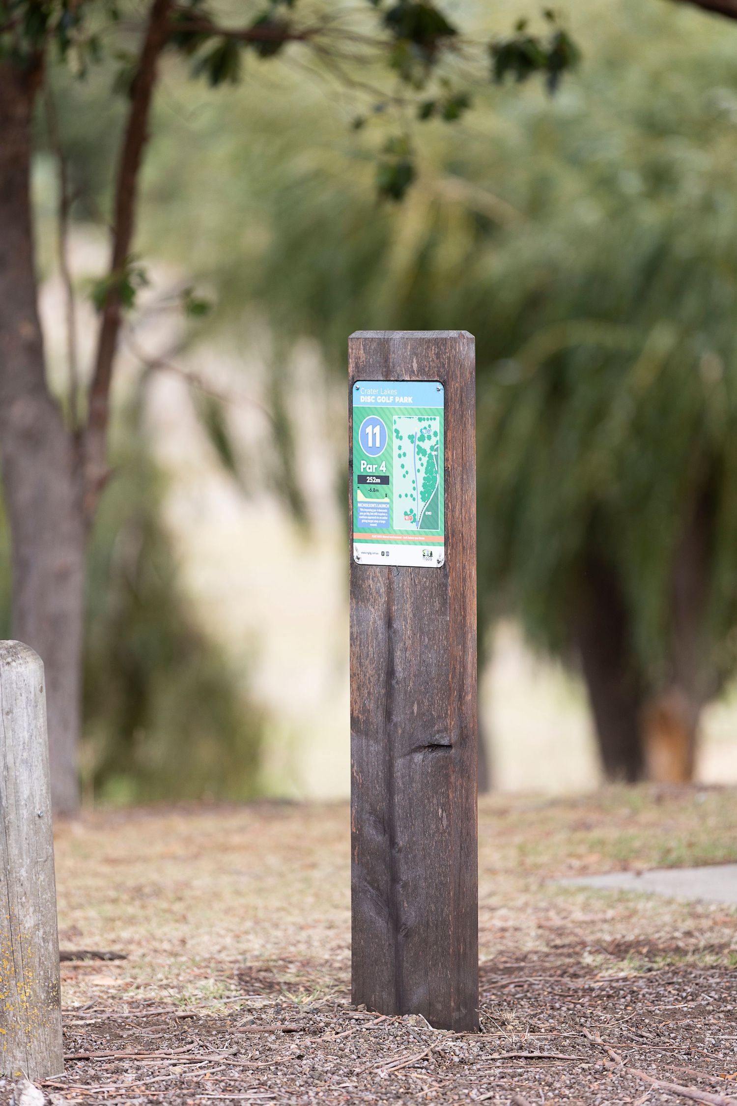 Row of wooden posts with trail markers in a natural outdoor setting.