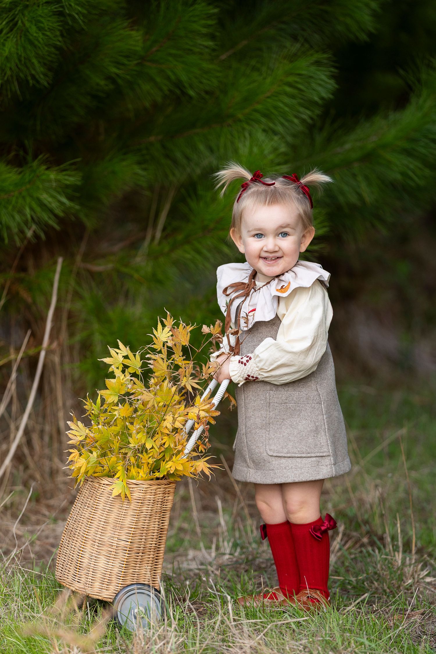 Child in gray dress holding basket with yellow flowers against pine trees.