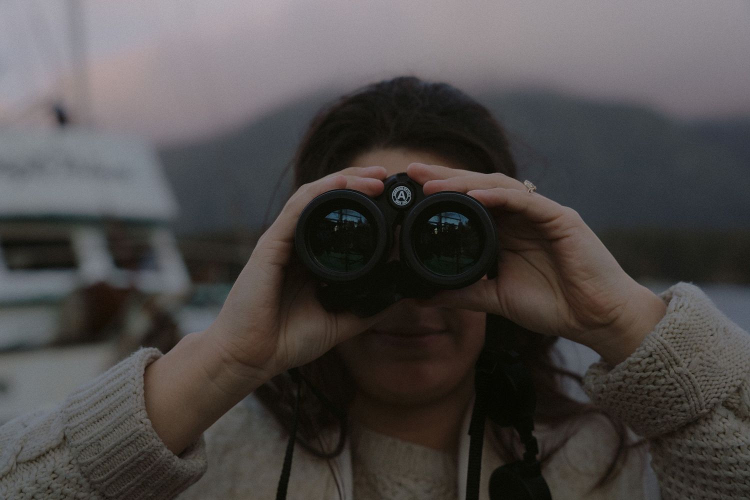 Two people sharing binoculars while exploring marina at twilight.