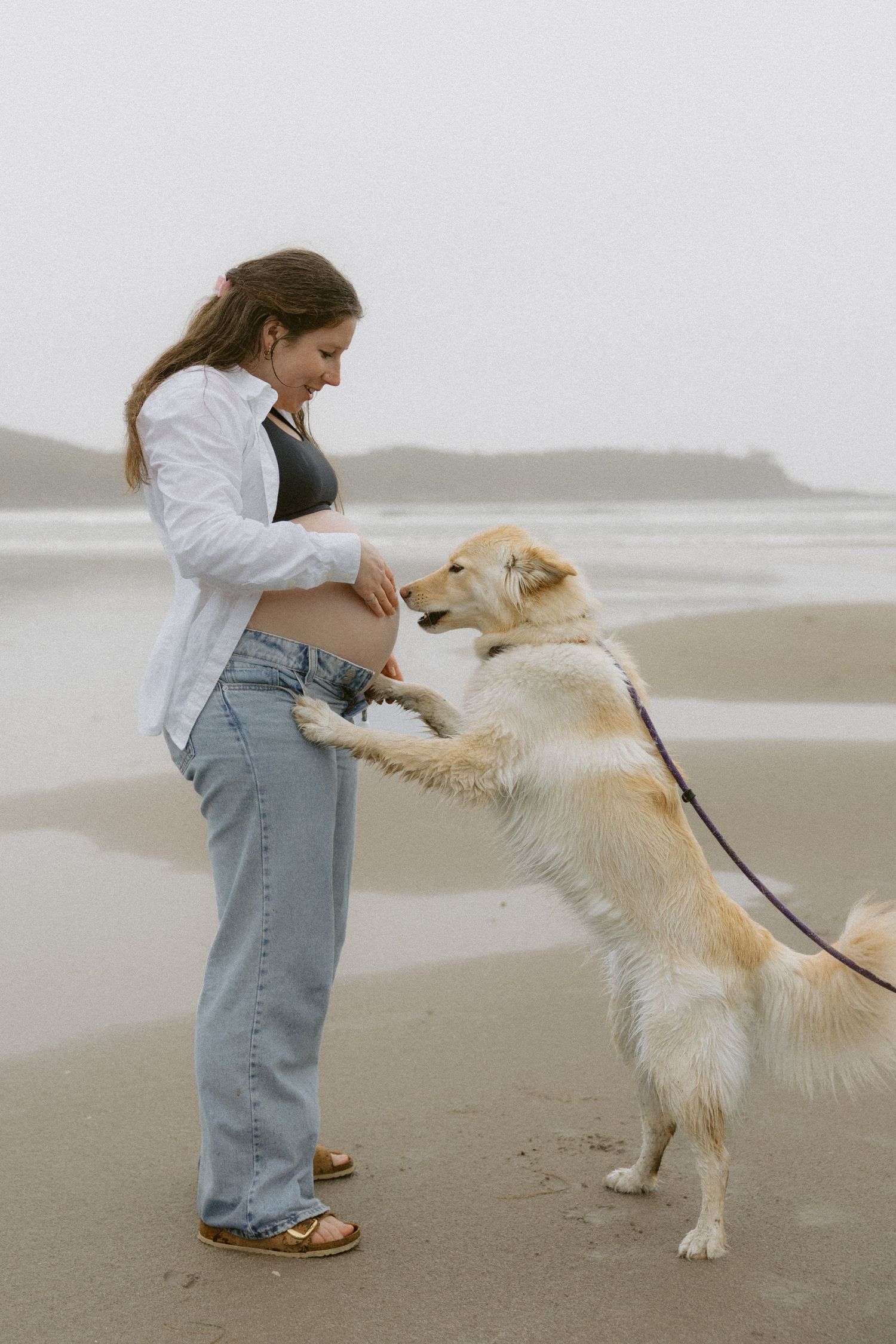 A person in denim overalls plays with a golden retriever dog on a misty beach.
