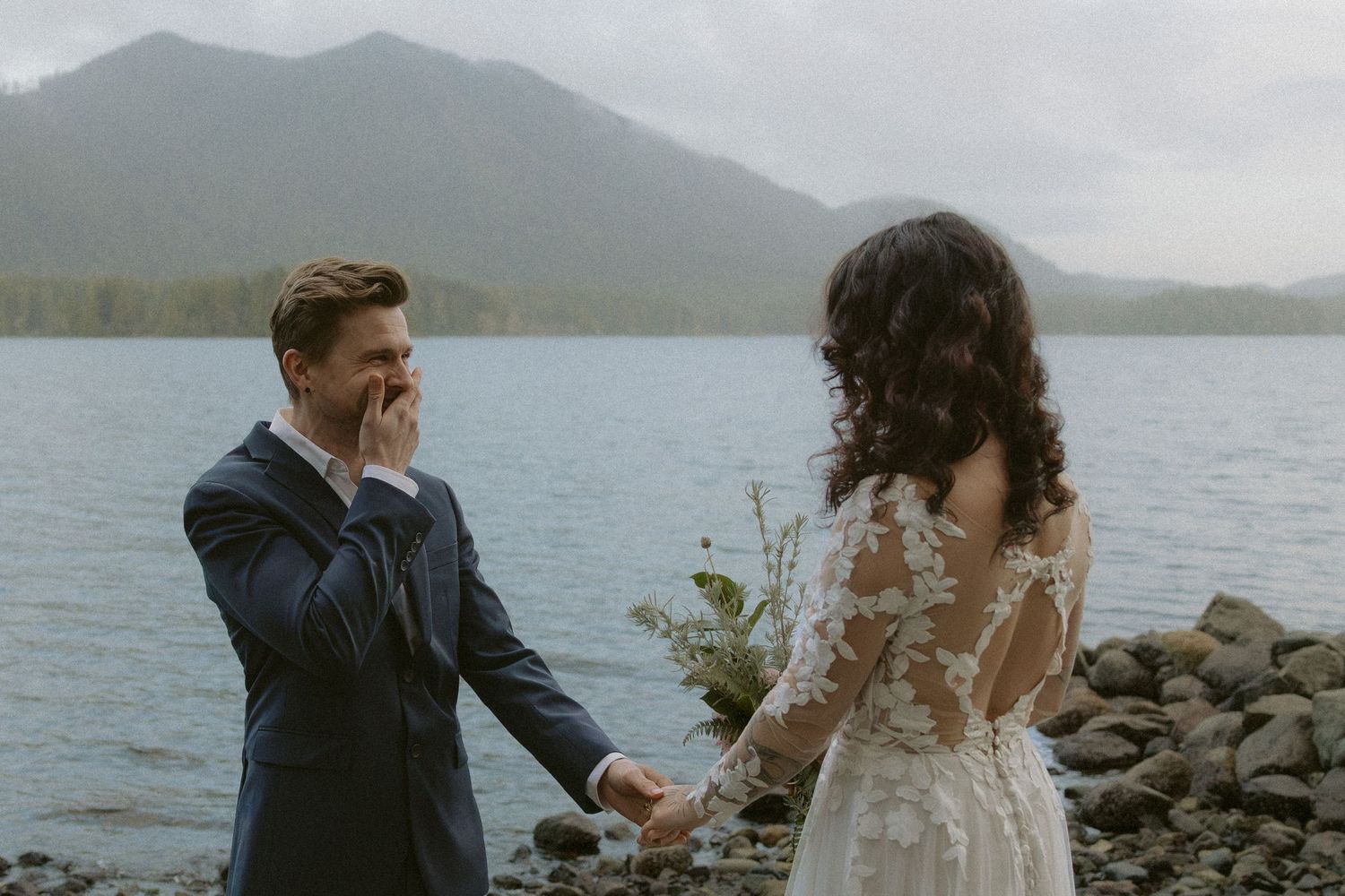 Ucluelet wedding couple in Tofino emotional first look moment between bride and groom