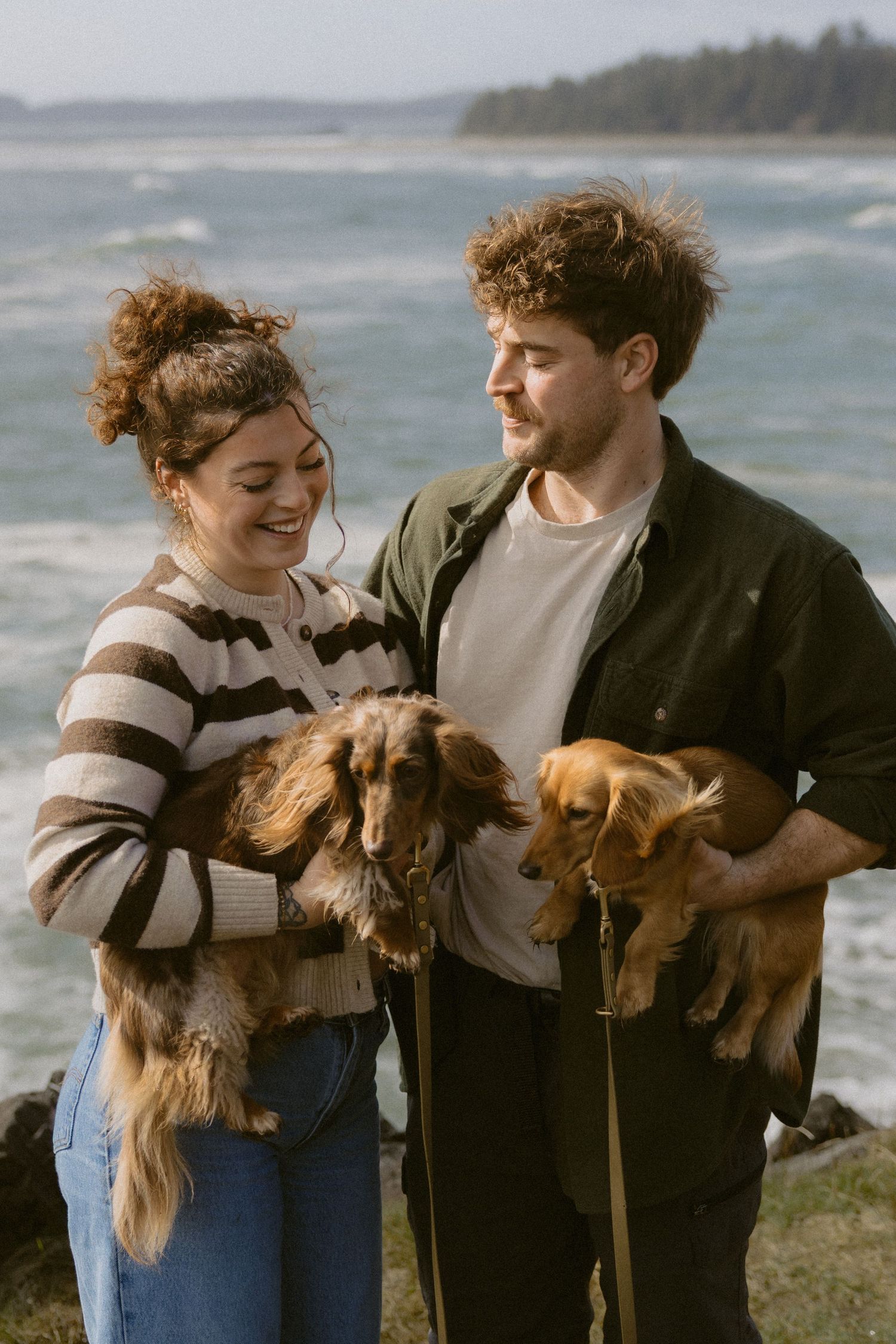 Couple holding two long-haired dachshunds by the ocean, woman in striped sweater laughing with man in dark jacket.