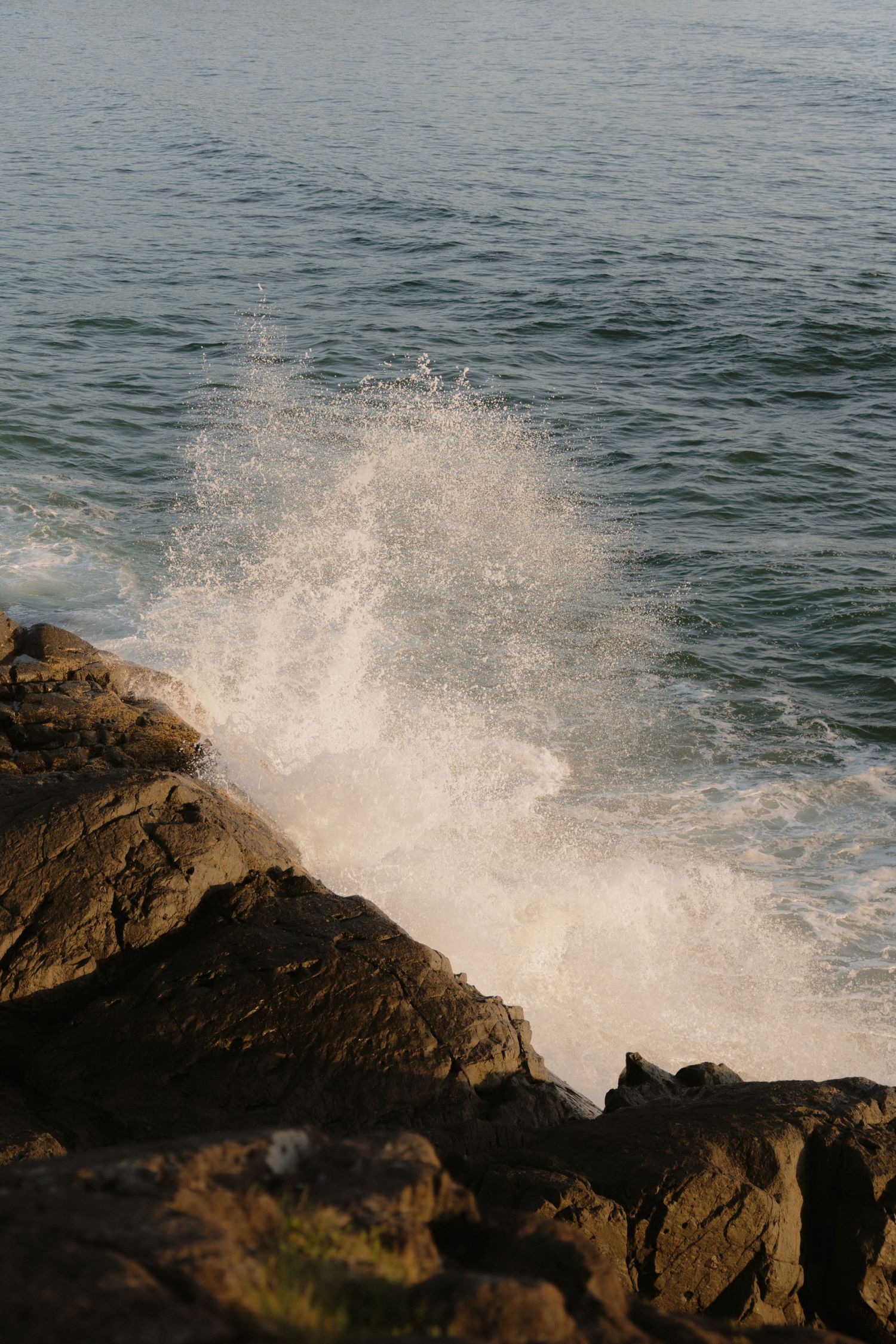 Ocean waves crashing dramatically against dark rocky shoreline with white sea spray.