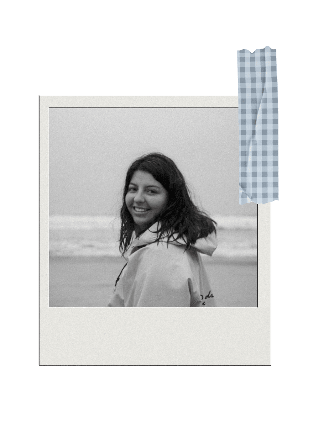 Tofino wedding photographer polaroid portrait with blue checkered washi tape decoration of Mariana Tofino Wedding Photographer