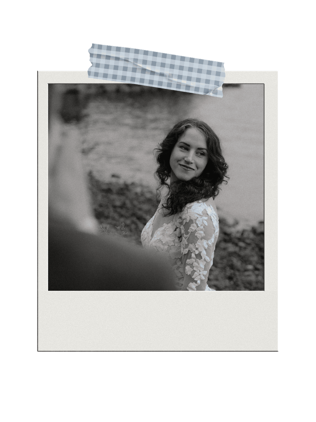 Tofino wedding portrait in black and white, bride in lace dress against natural backdrop