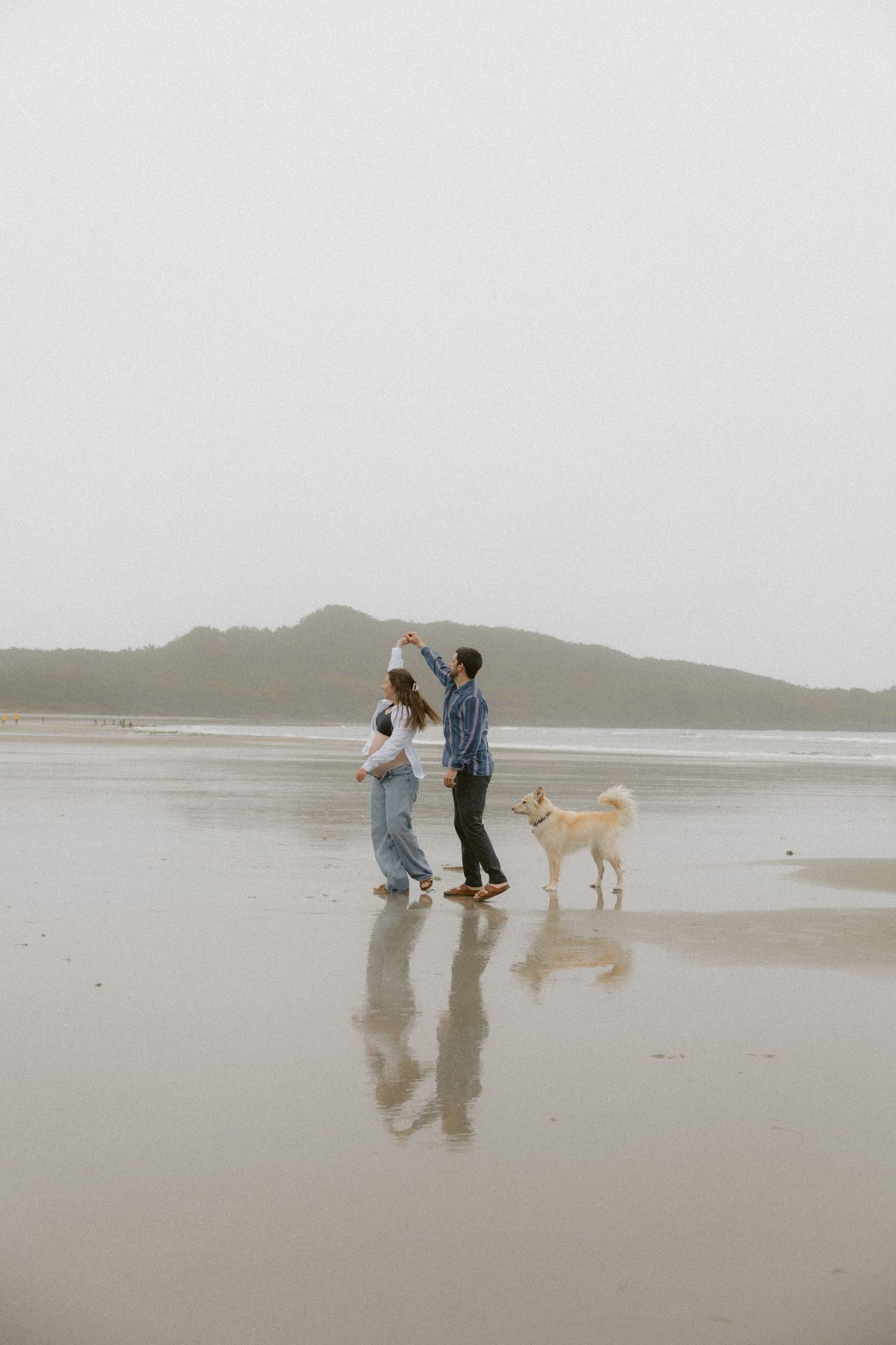 A couple walks their golden retriever along a misty beach shoreline on an overcast day.