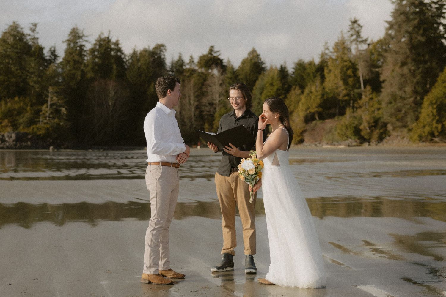 Tofino elopement ceremony on Mackenzie beach at golden hour